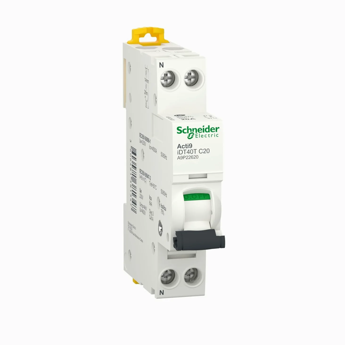 Schneider Electric Acti9 iDT40T - Disyuntor modular (1P+N, 20A, curva C, 4500A/6kA, A9P22620)