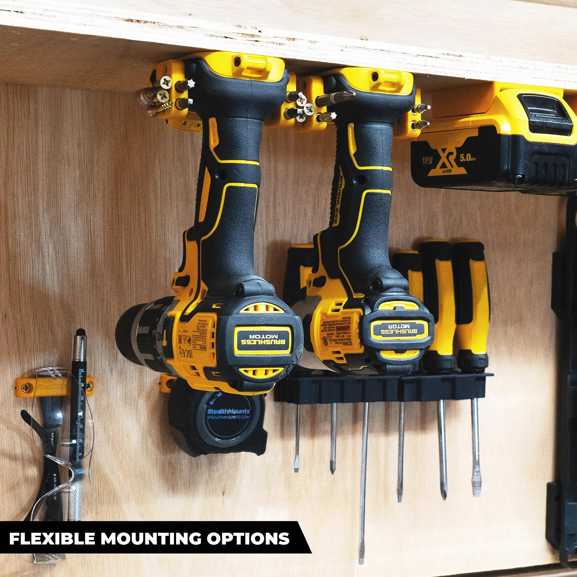 StealthMounts Portaherramientas compatibles con DeWalt MAX + XR + Flexvolt | Soportes de herramientas inalámbricos compatibles con herramientas eléctricas DeWalt de 18 V + 20 V + 54 V + 60 V | Paquete