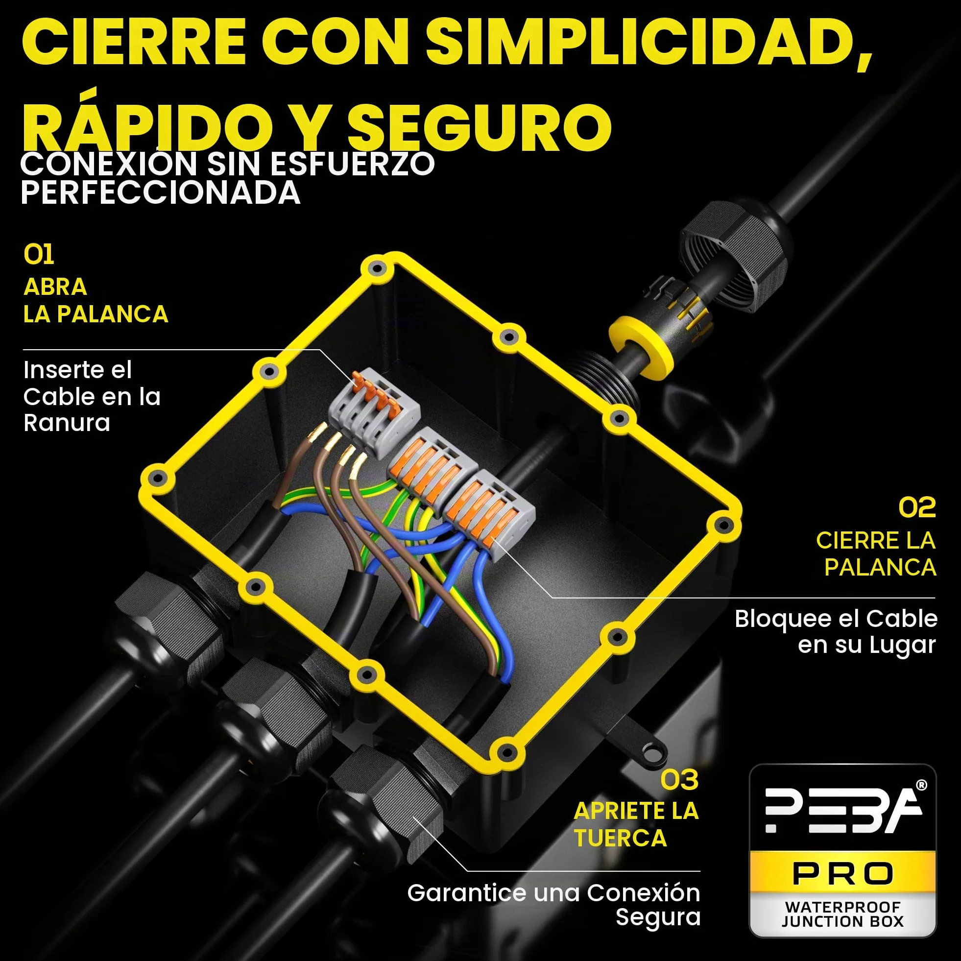 PEBA Cajas de Conexiones Impermeables IP68, Conector de cable estanco, Caja de conexiones de conector de cable Exterior Grande de 4 vías, Apto para cables 4-14 mm Caja Estanca, Negro