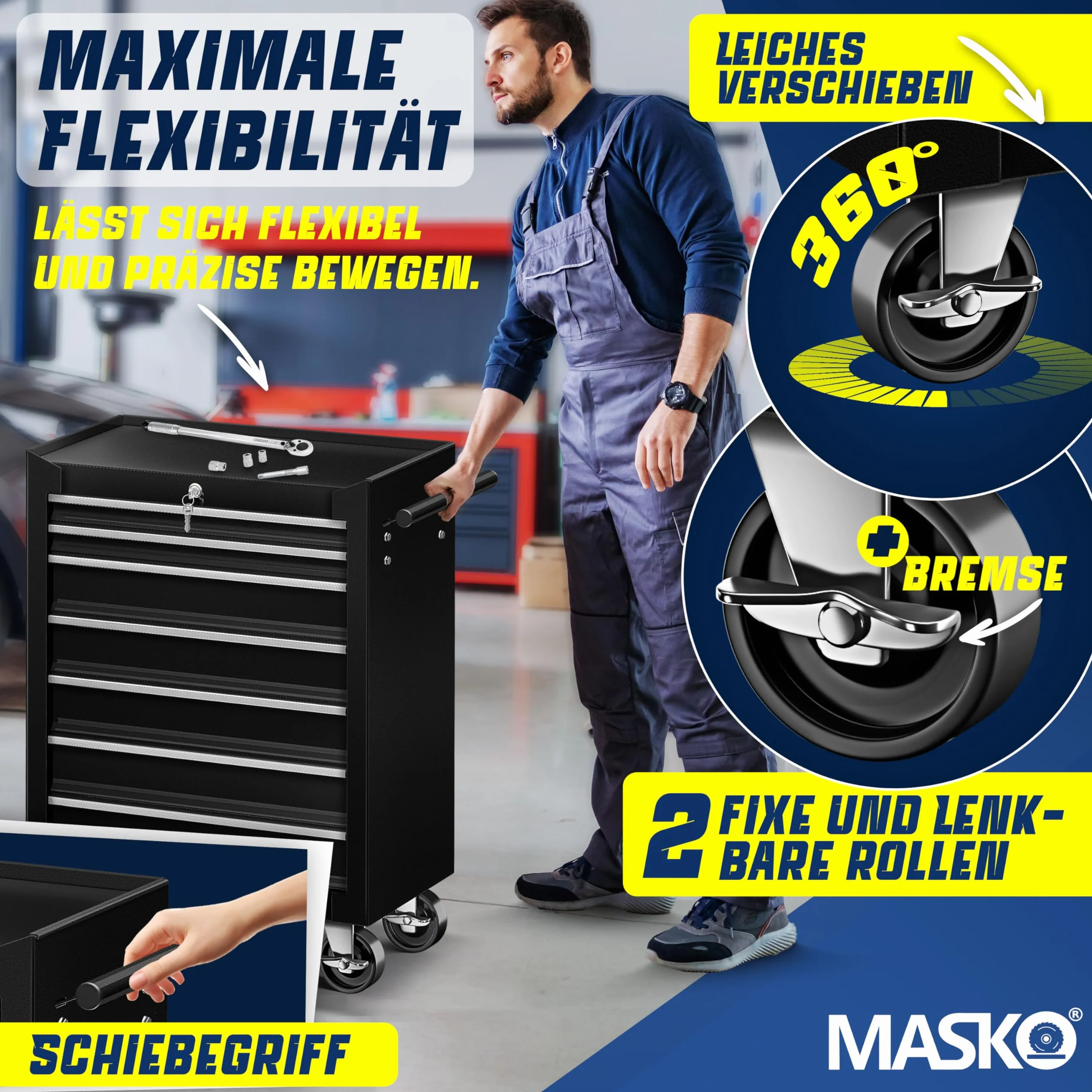 MASKO Carro de Taller 7 Cajones Negro Metal Macizo con Cerradura Móvil Profesional