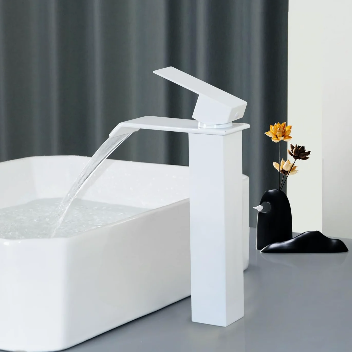 PHASAT Grifo de Baño Alto Cascada Grifo de Lavabo con Caño de 205mm de Altura, Mezclador Monomando Lavabo PTMP19W