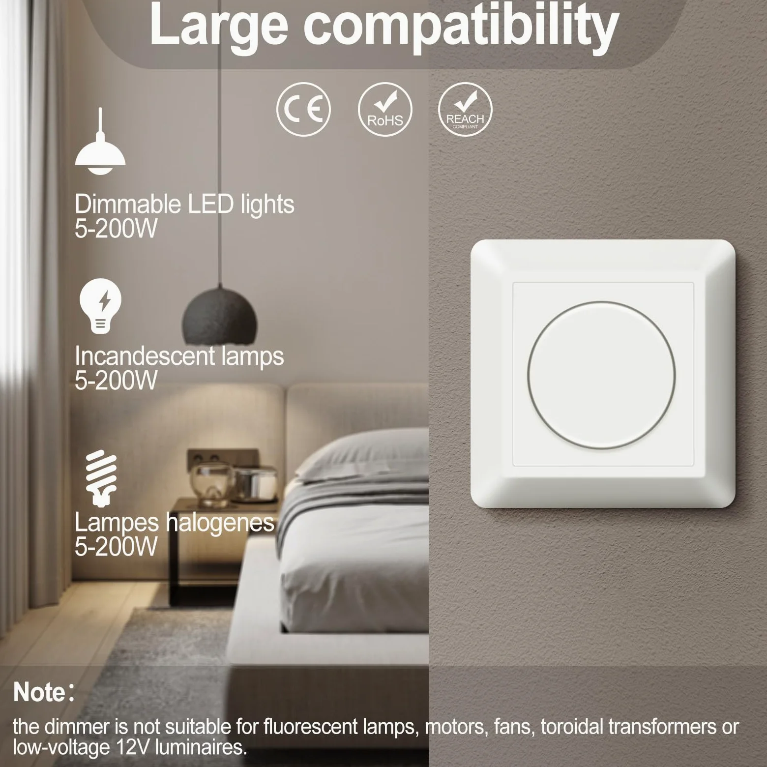 Dimmer LED 220V-240V, interruptor para bombillas LED regulables 5W-200W, protección segura, sin ruido, crema