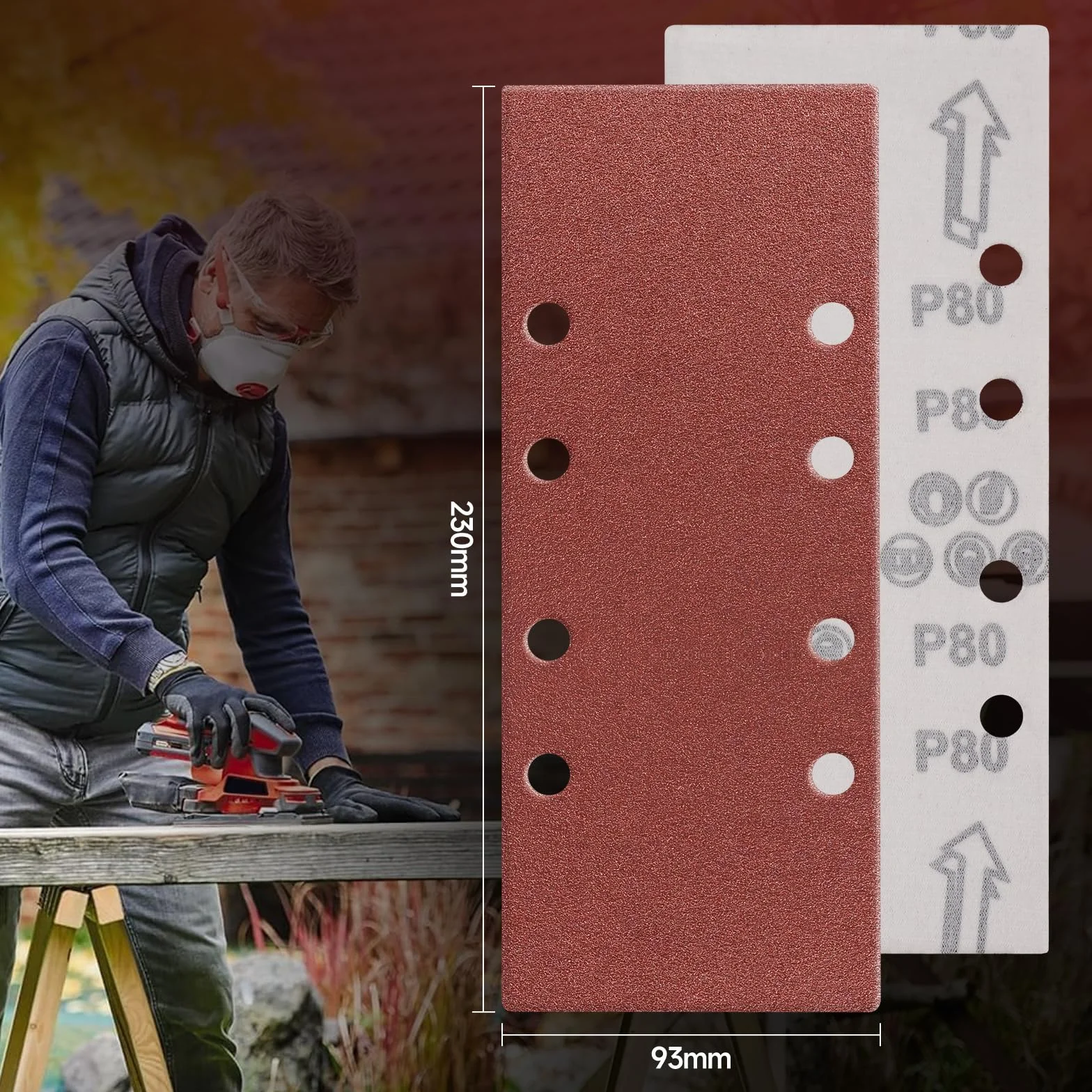 Lijas para Lijadora 93x230mm 50 Piezas 40/60/80/120/240 Grano Rectangulares 8 Agujeros Papel de Lija