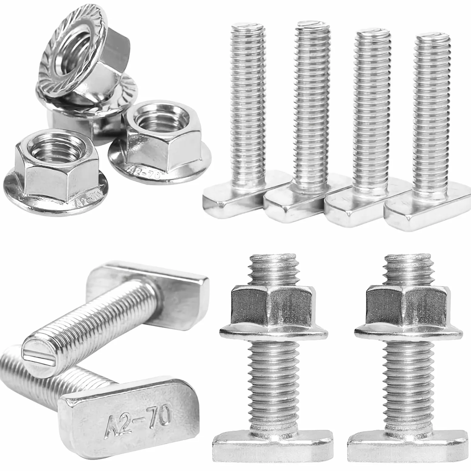 Pack con 40 tornillos de cabeza de martillo M10 x 25 de acero inoxidable A2-70 con tuercas dentadas de bloqueo para invernadero, perfil de aluminio fotovoltaico, soporte de panel solar, etc