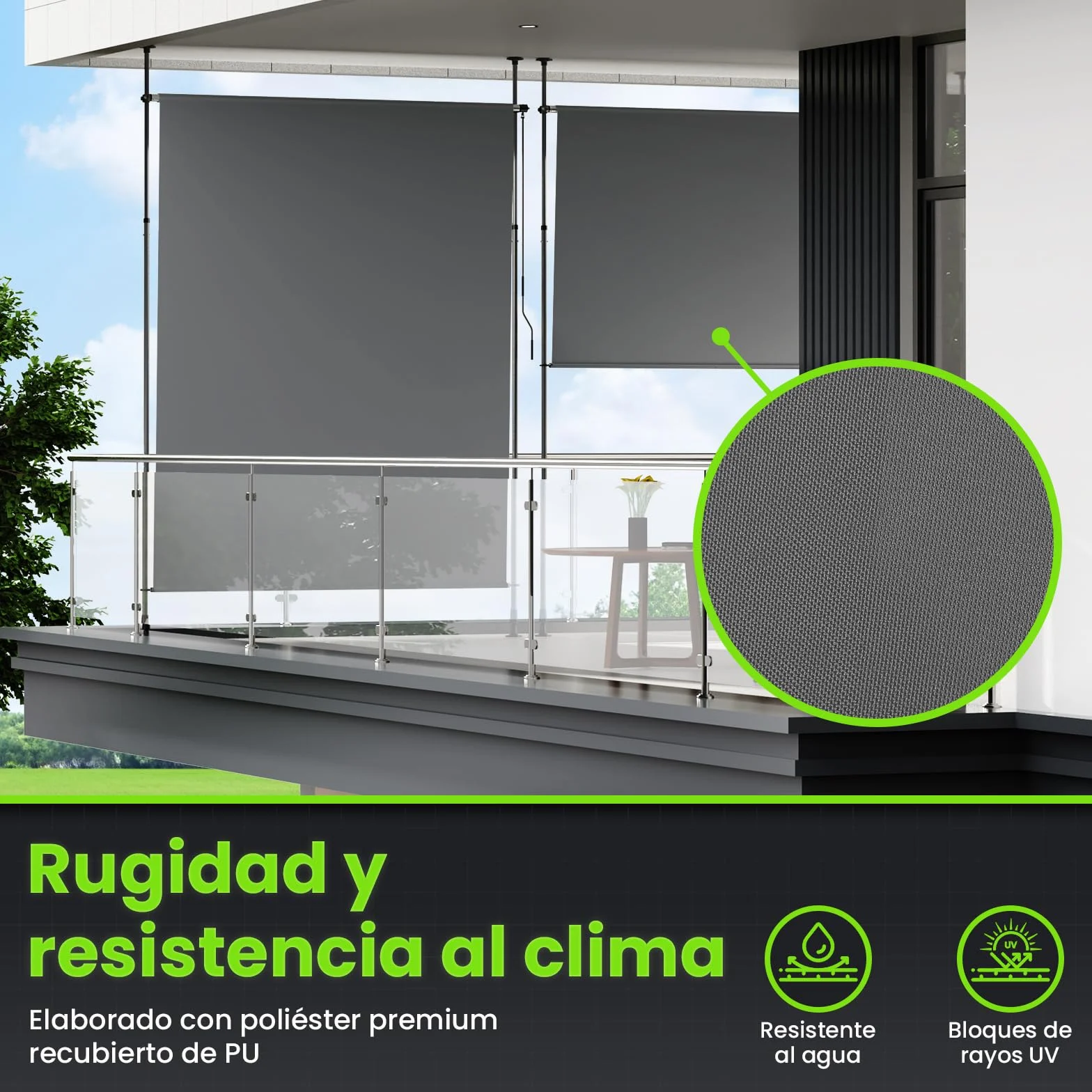 YEAUPE Pro Toldo Vertical Exterior, 100 x 300 cm, Gris Oscuro, sin Agujeros, toldo con Pinza, con manivela, Adecuado para balcón, terraza, Exterior y jardín, protección Visual Resistente a la