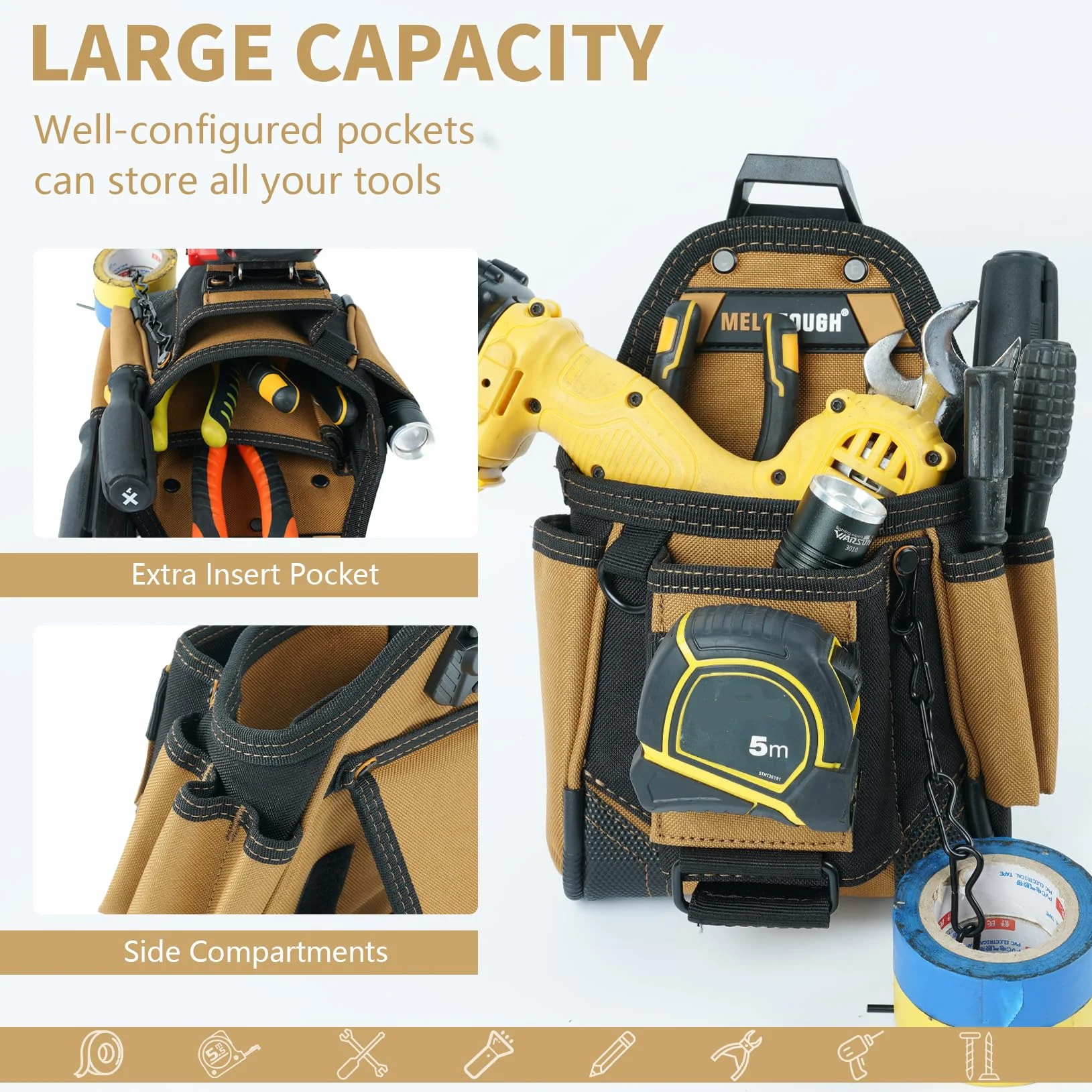 MELOTOUGH Bolsa para cinturón de herramientas con clip para cinturón, 9 bolsillos, bolsa de herramientas con cinta para electricista
