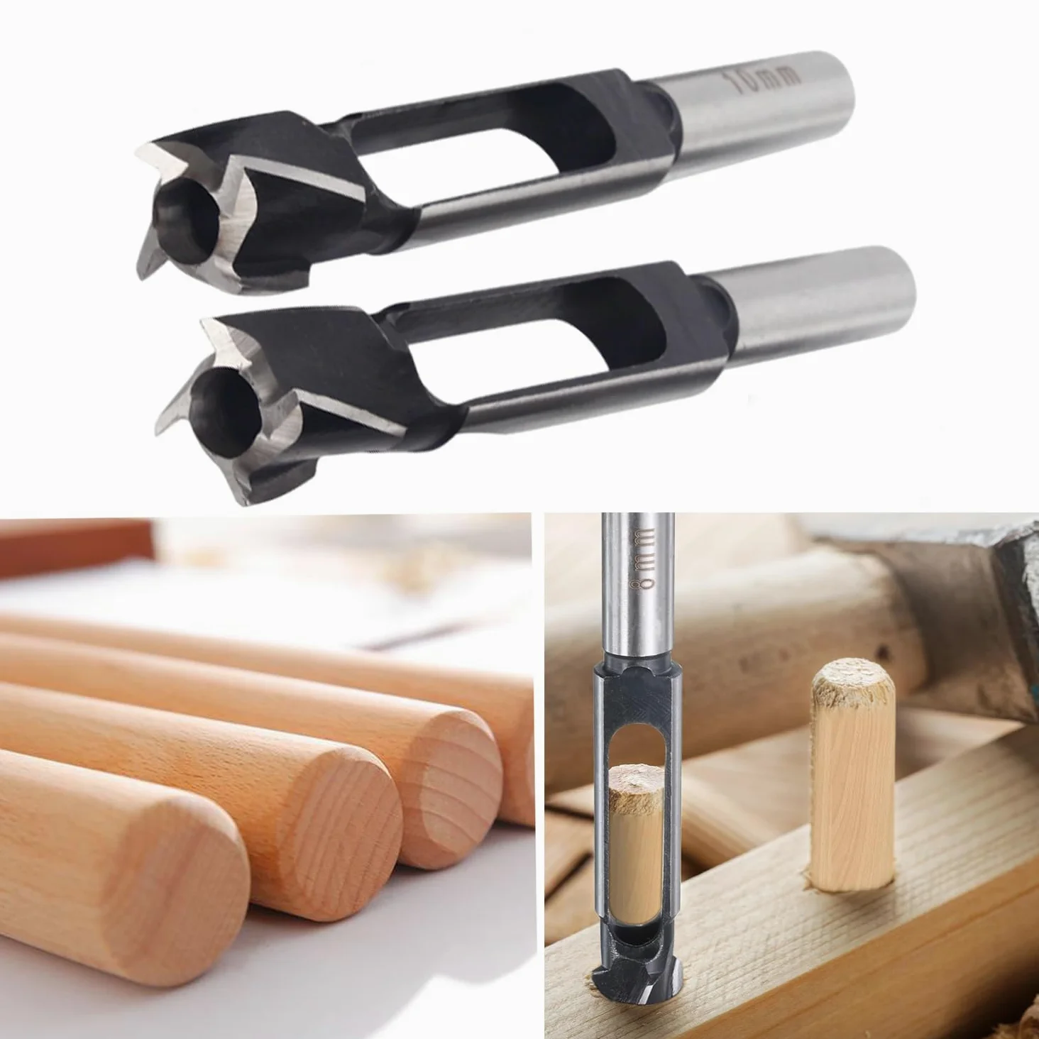 Juego de 2 brocas de espiga y tacos profundos para madera con mango redondo de 1/2" para carpintería y fabricación de muebles (8 mm + 12 mm)