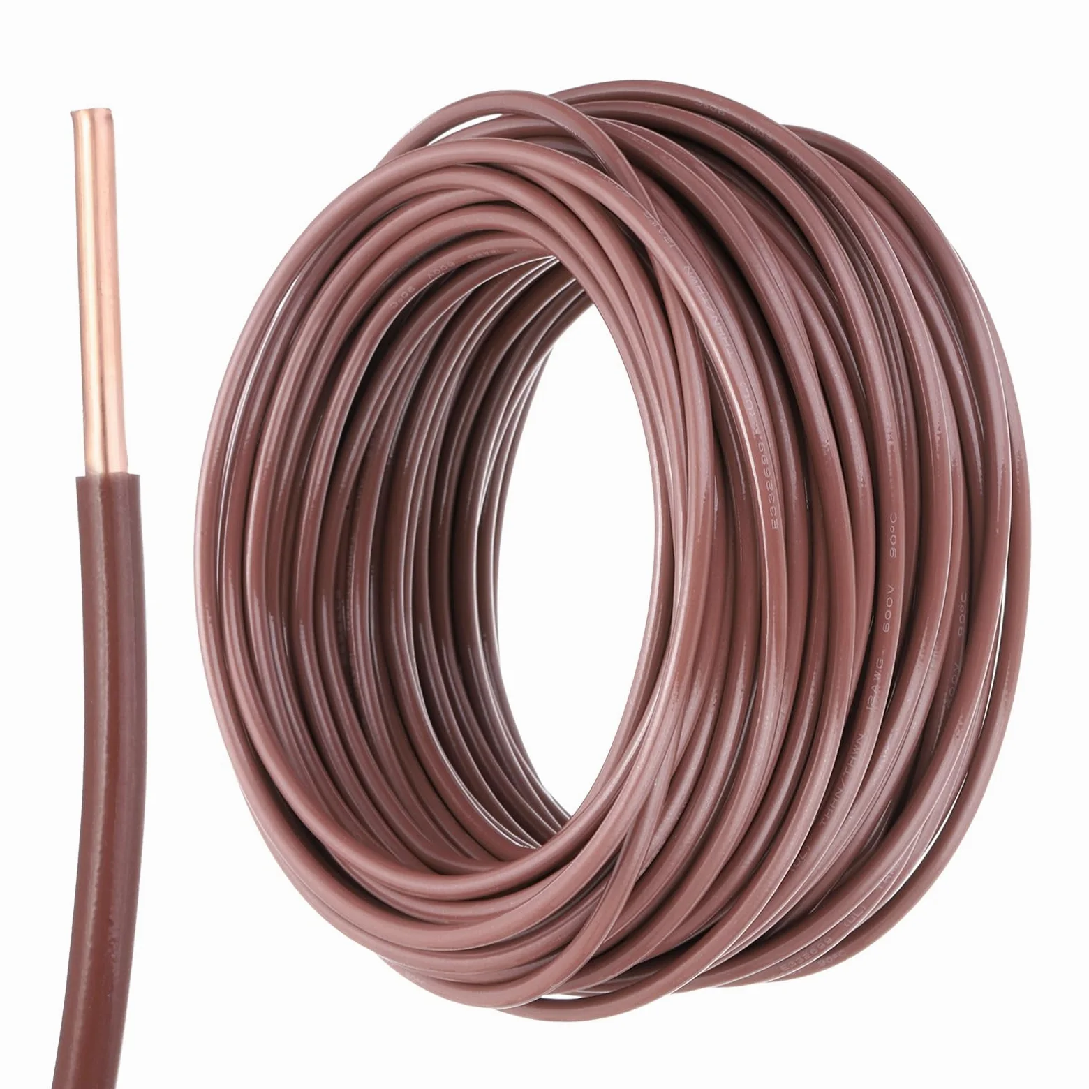 sourcing map Cable eléctrico de cobre sólido aislado de 100 pies, cable de conexión THHN residencial, industrial, conexión a tierra, clasificación eléctrica para 600 voltios, listado UL, marrón
