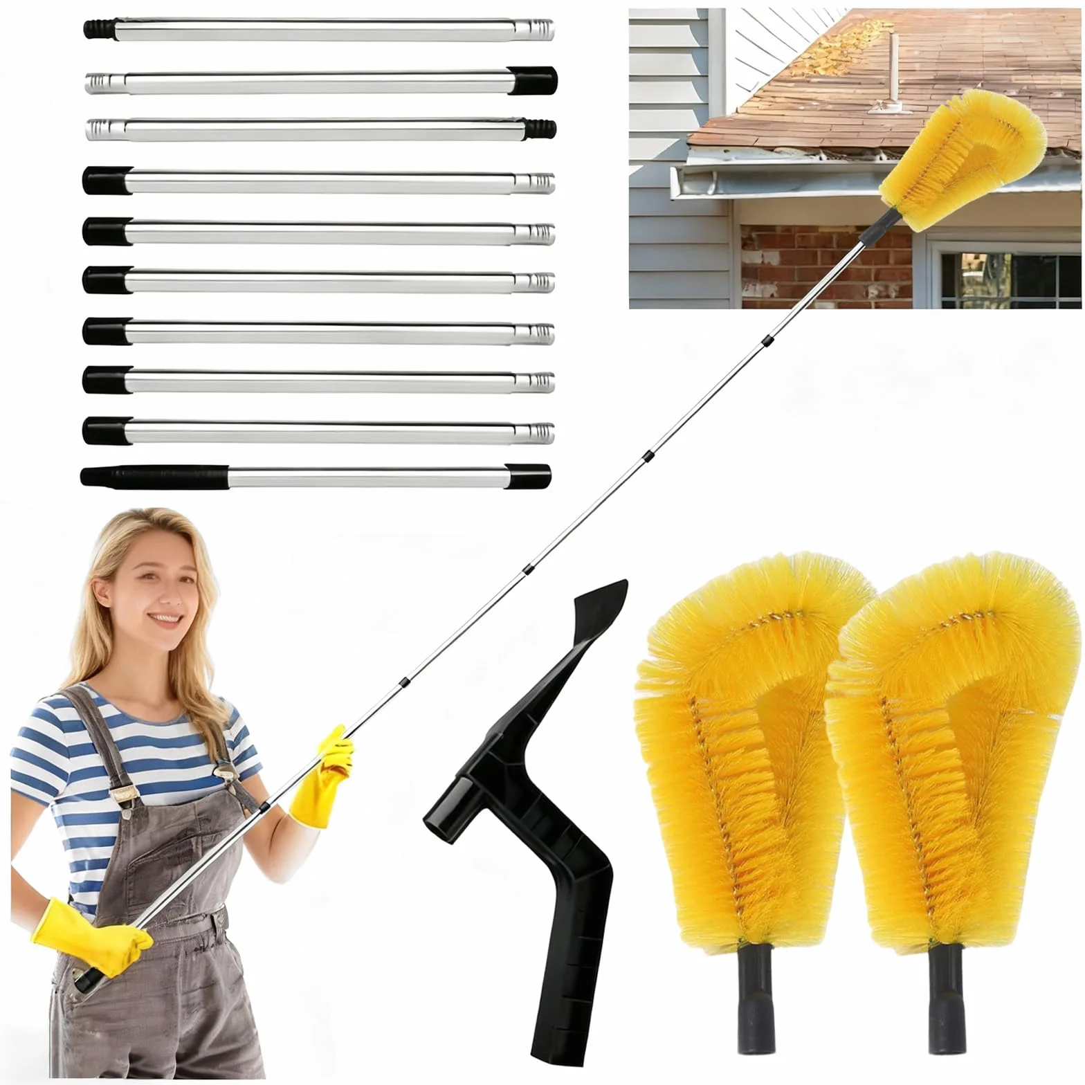 Limpiador de canalones de 390 cm, cepillo para canalones y cuchara de limpieza, pala 2 en 1 y 10 unidades, mango telescópico, limpiador de canalones telescópico con mango telescópico para la limpieza