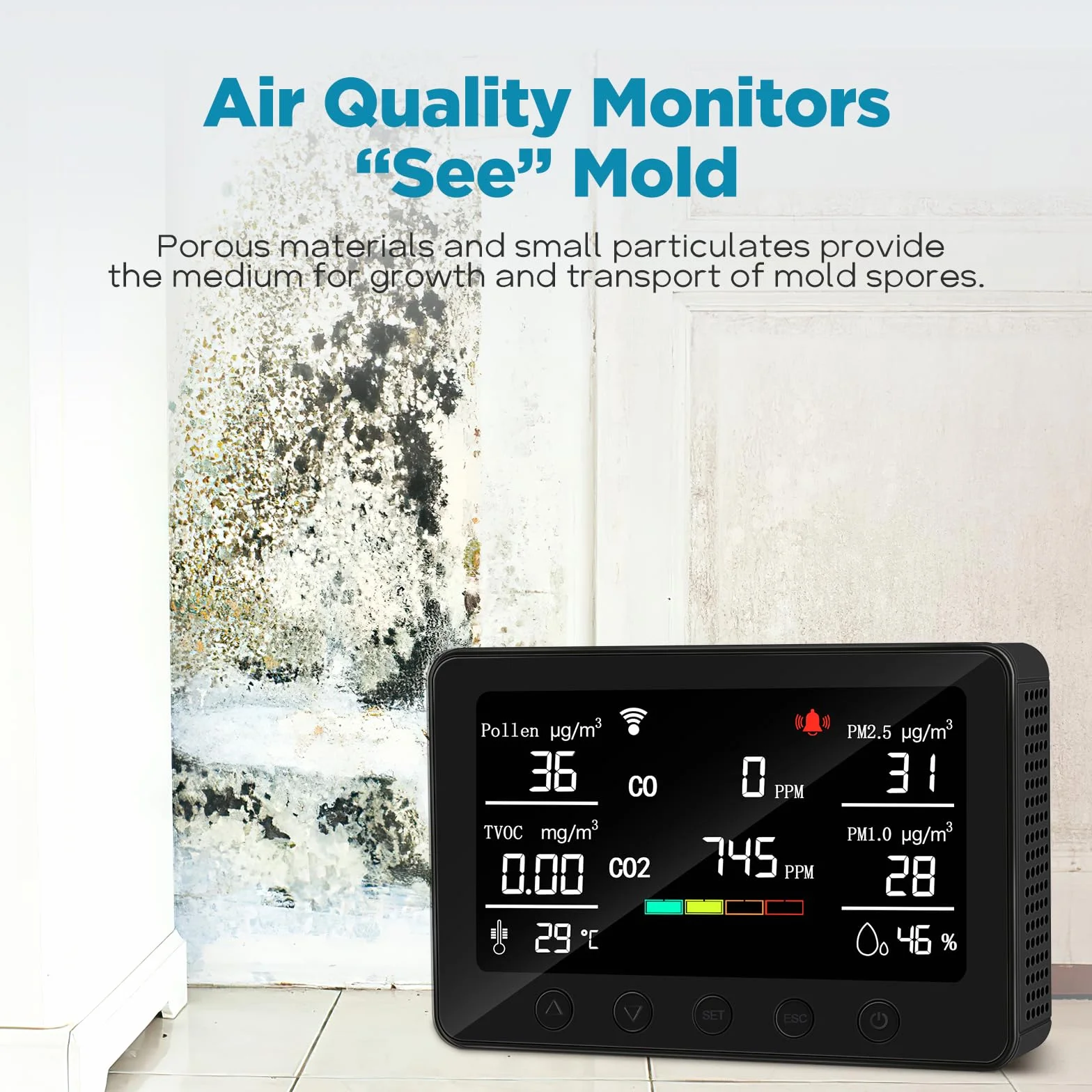 CF-30 Monitor de calidad del aire para interiores para polen, CO2, PM2.5, PM1.0, TVOC, temperatura, humedad, contaminación del aire con pantalla LCD grande, APP para configuración e historial