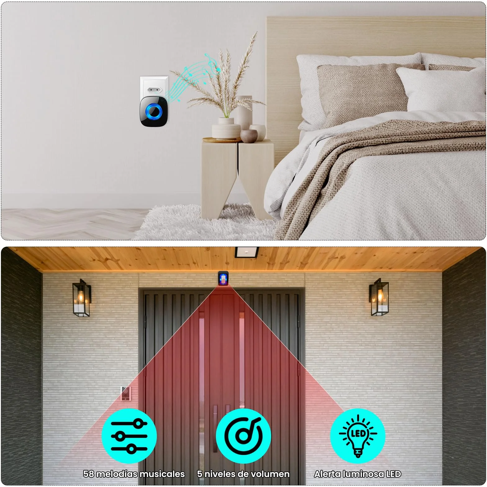 PHYSEN Sensor de Movimiento Inalámbrico con Alarma Sonora, Timbre, 58 Tonos + 5 Volúmenes, para Entrada/Hogar