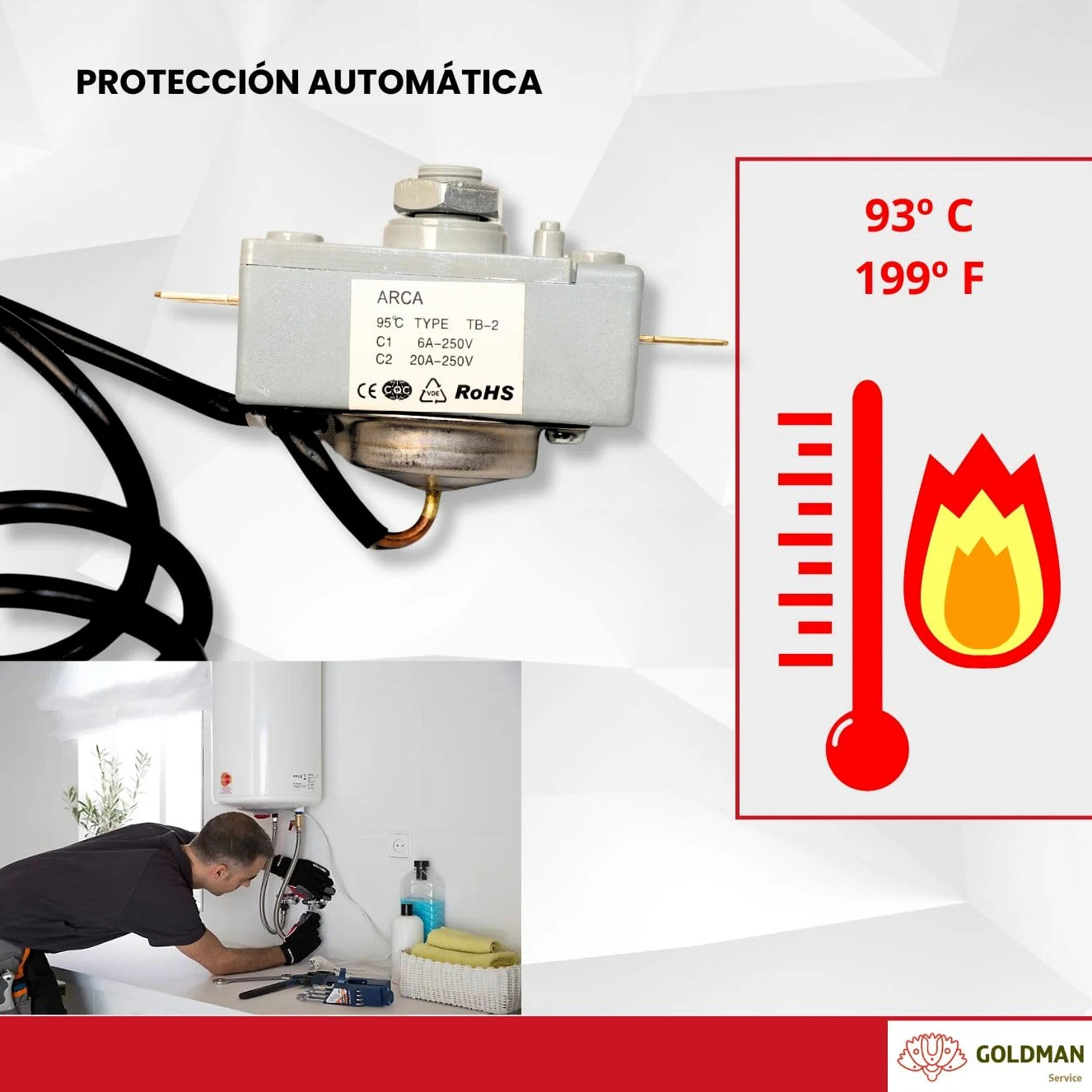 GOLDMAN SERVICE | Termostato de Seguridad para Termo Calentador de Agua Eléctrico Activación Automática a 93ºC | Bulbo Sonda 500mm | Fácil Rearme Manual