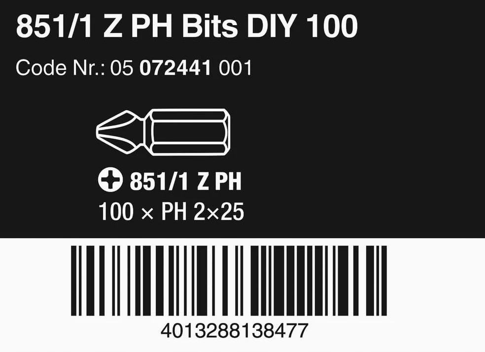 Wera 05072441001 851/1 Z DIY 100 Puntas Phillips, PH 2 x 25 mm, 100 piezas