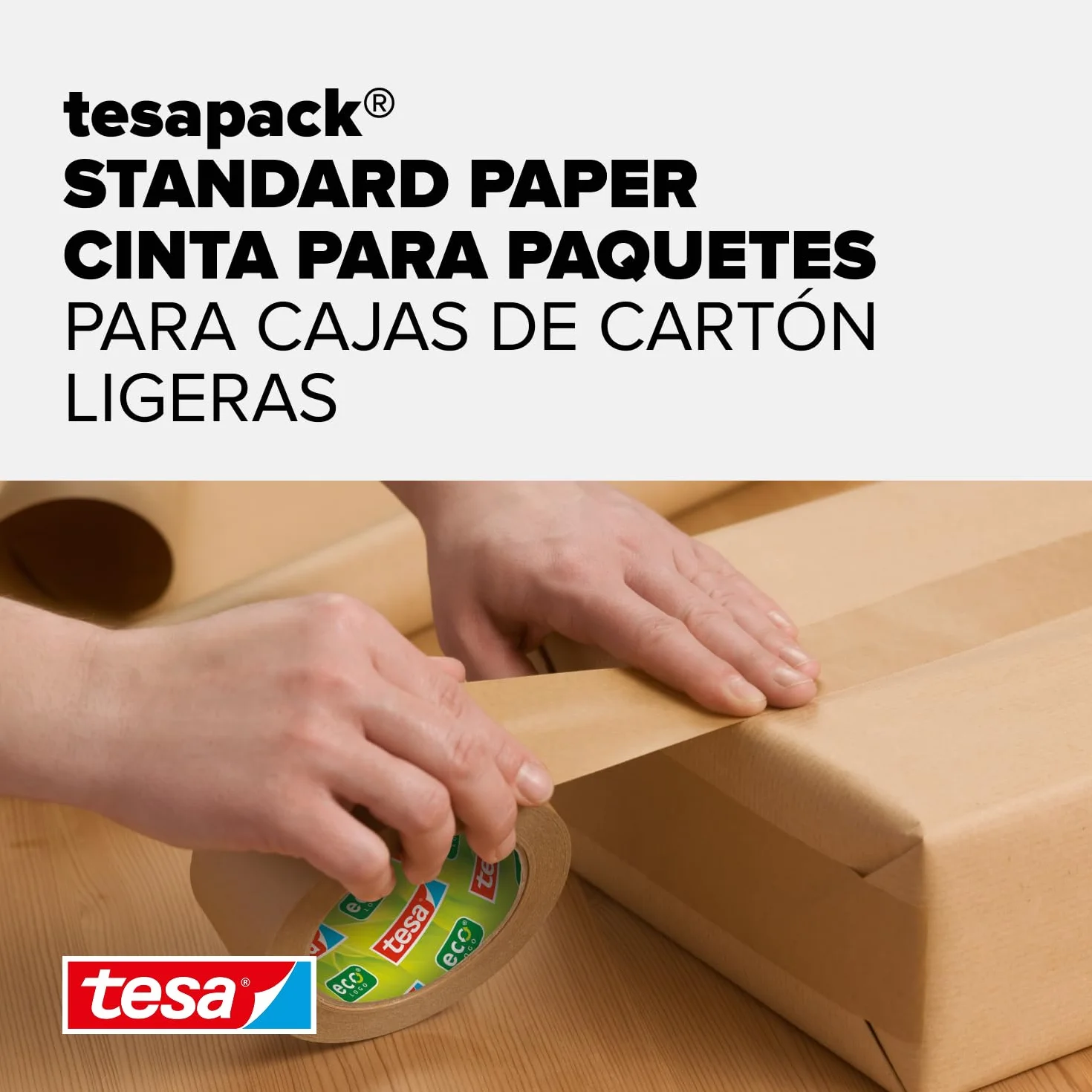 tesa tesapack STANDARD PAPER - Cinta de embalaje de papel - 56% de materiales renovables - Rasgable a mano - Cinta de embalaje para paquetes ligeros - Marrón - 50 m x 50 mm