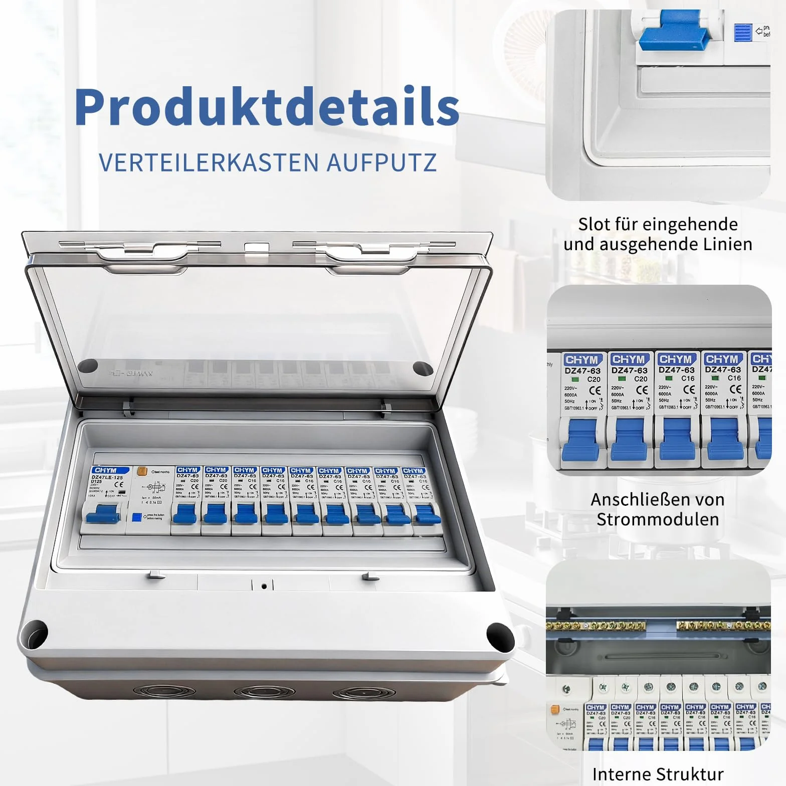 Caja de fusibles empotrada, Caja de distribución con interruptor diferencial, Caja de distribución eléctrica IP65 para caravanas/garajes/talleres/villas, interruptor automático 125 A, 7x16 A + 2x20 A