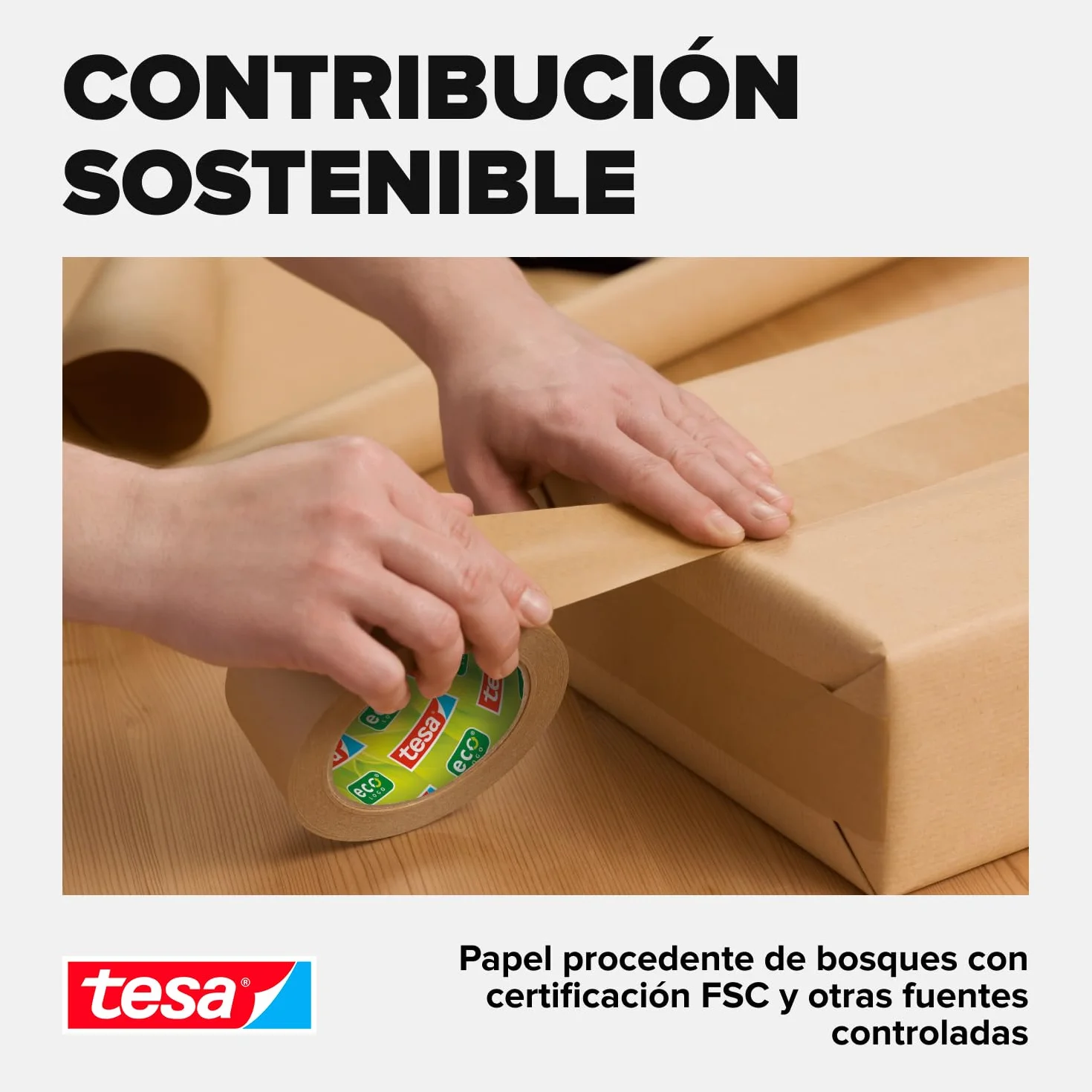 tesa tesapack STANDARD PAPER - Cinta de embalaje de papel - 56% de materiales renovables - Rasgable a mano - Cinta de embalaje para paquetes ligeros - Marrón - 50 m x 50 mm