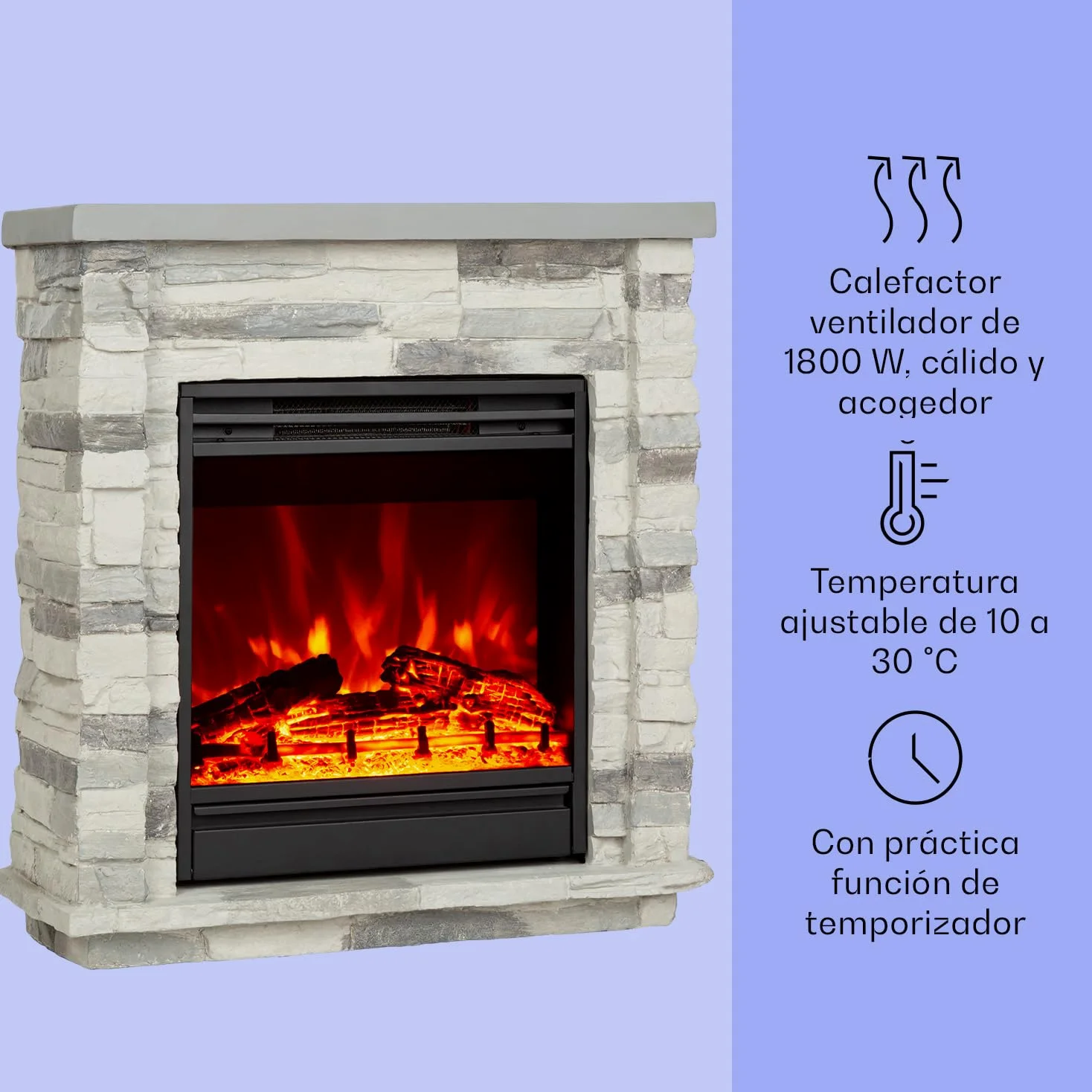 Klarstein Chimenea Electrica Bajo Consumo Pared, Estufa sin Leña de Interior, Chimeneas Electricas Decorativas 1800W, Llama LED, Chimenea Decorativa con Mando, Temporizador y Efecto Real Troncos