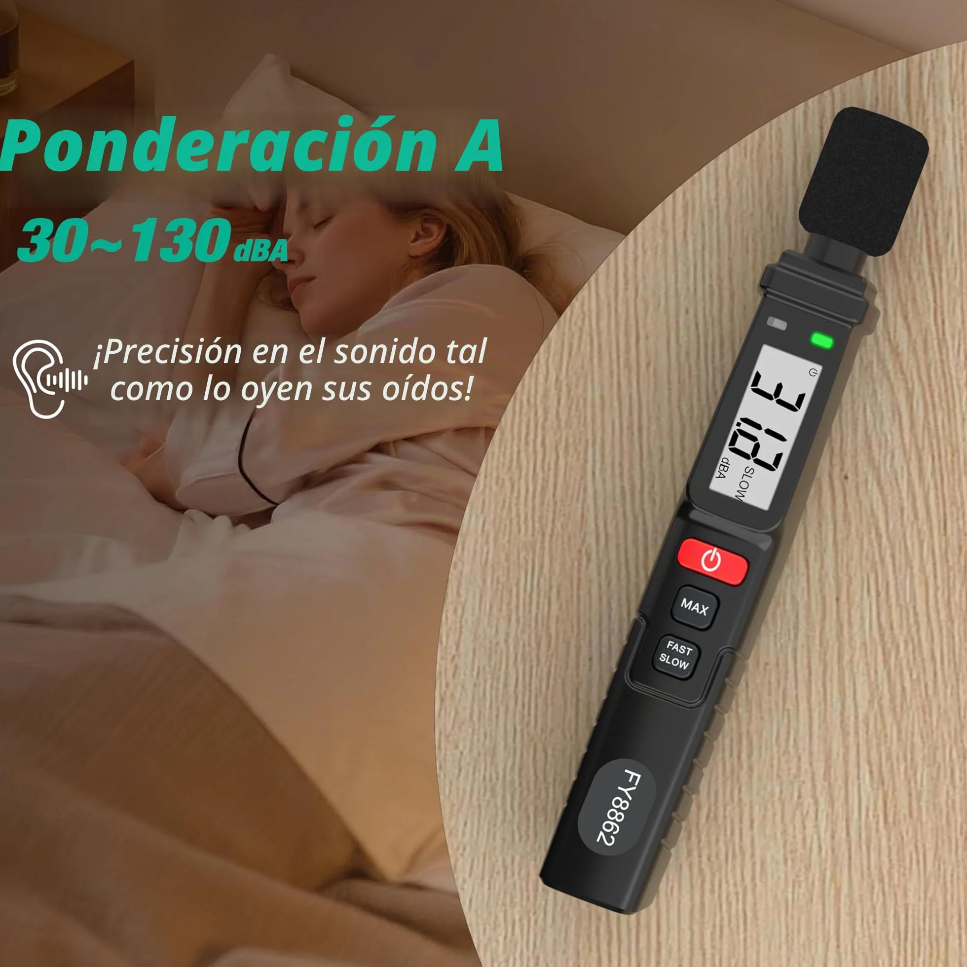 Medidor de decibelios, medidor de nivel de sonido digital 30-130 dB(A), medidor SPL portátil con pantalla LCD retroiluminada, medidor de ruido de audio con MAX/MIN, retención de datos, linterna Home