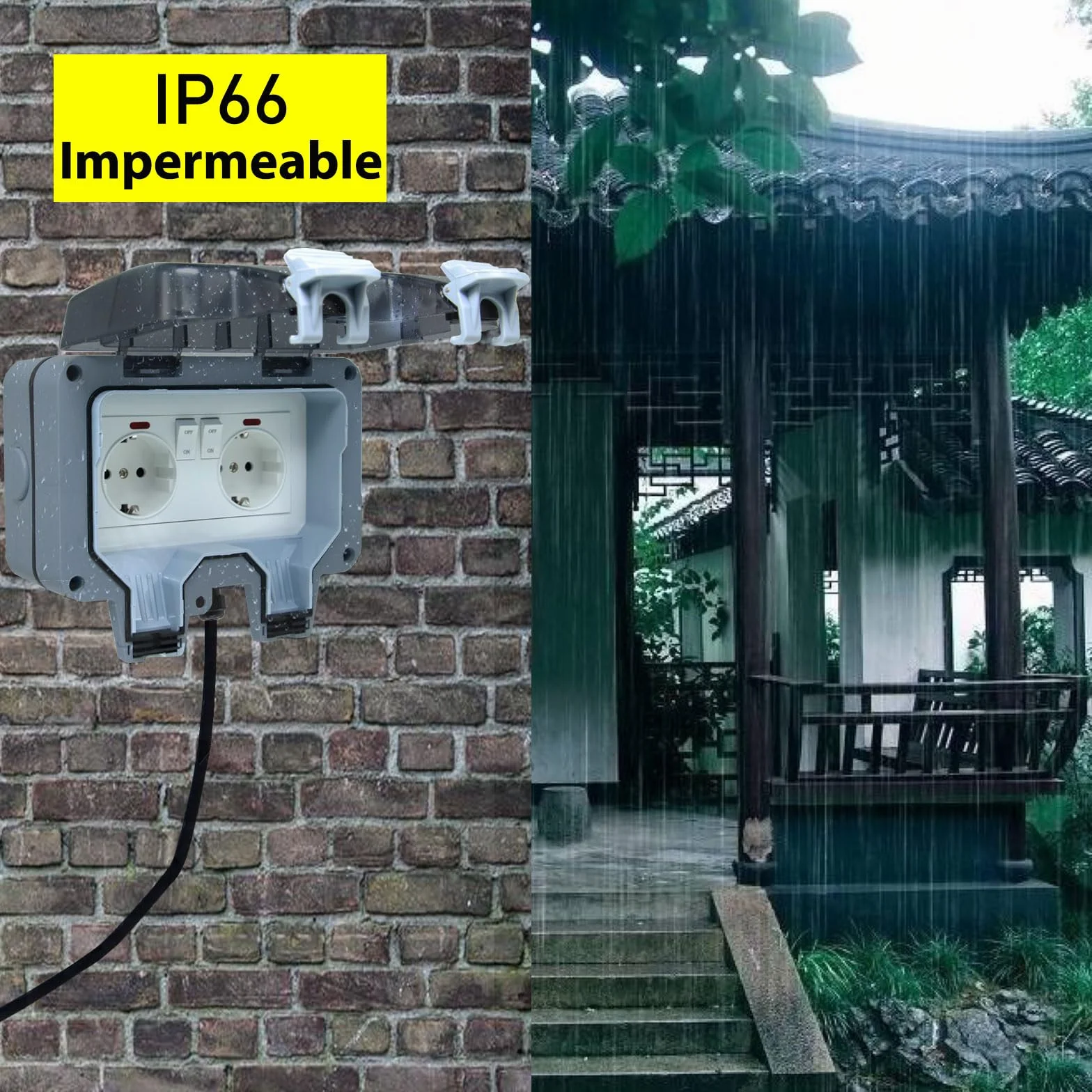 Enchufe de Exterior Impermeable Toma de Corriente IP66 con Interruptor doble conexión,Conector de Cable y Tapa Abatible,para Cocina Baño Garaje Piscina y Jardín (MPG2-GSN, 1 Piezas)