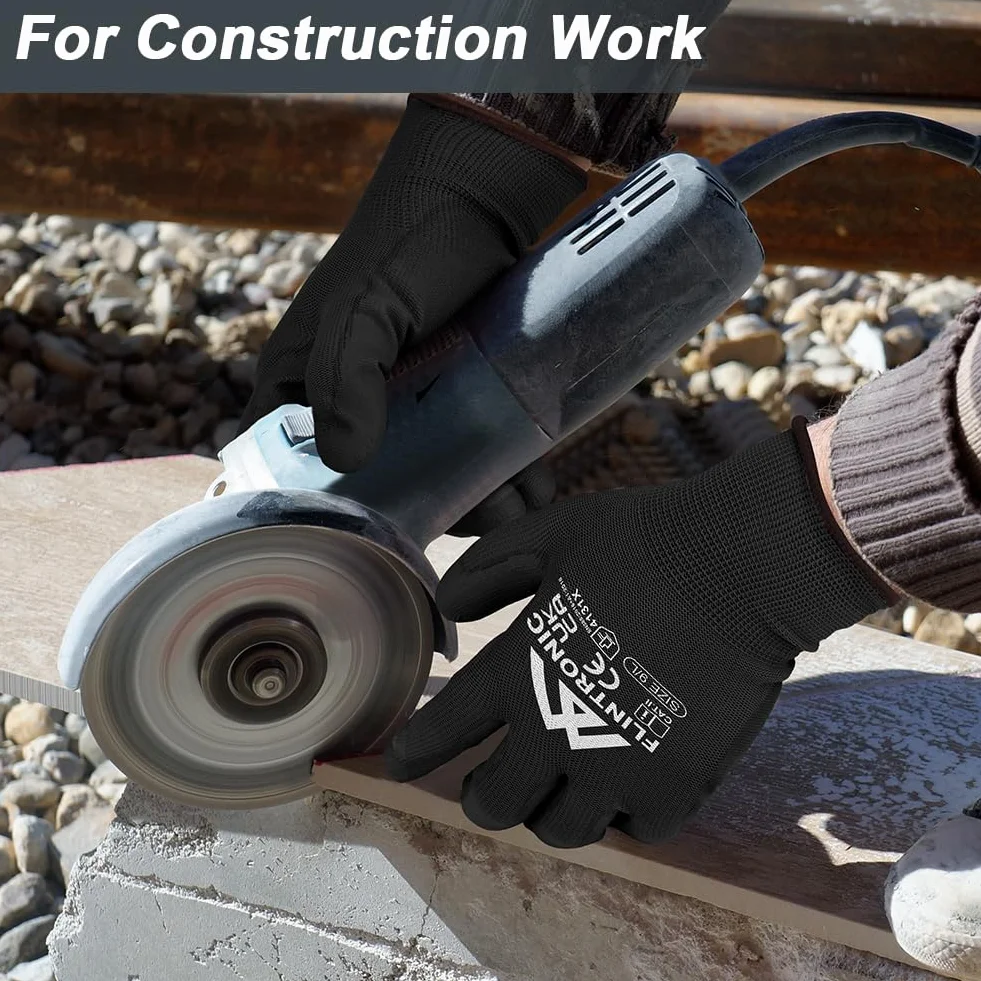 Flintronic Guantes de Trabajo Profesionales 12 Pares Recubrimiento Poliéster PU Negro L-9