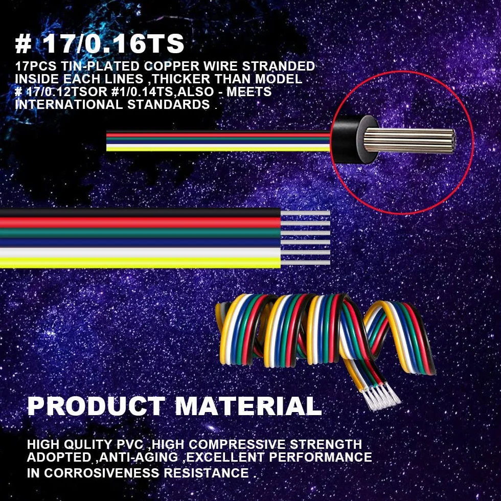 22 AWG 6 pin 6x0.3mm² 20m RGBWW Cable de Extensión Línea Alámbrica Cobre Estañado Trenzado para 6 Colores RGB CCT Tira de Luces LED 3528 5050