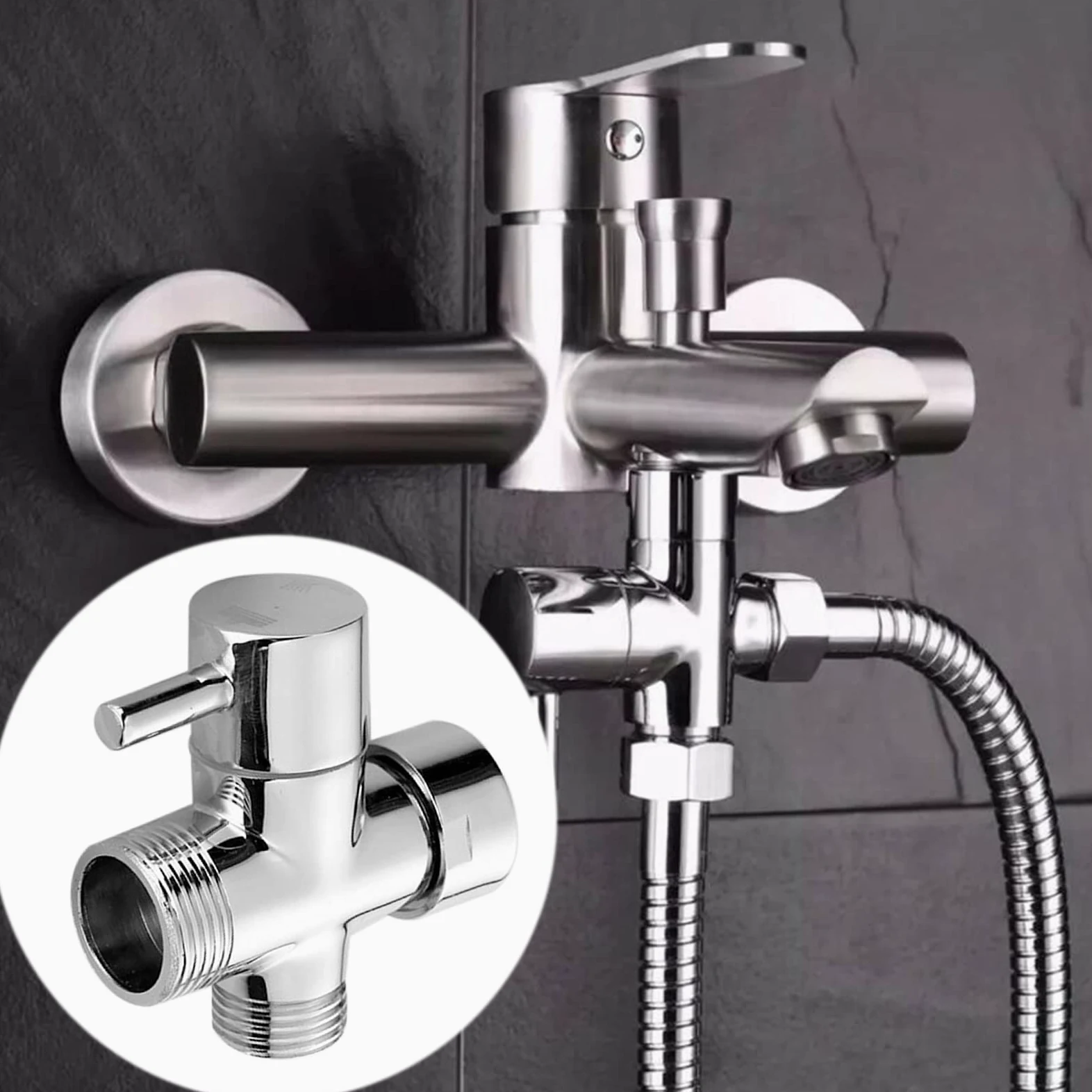Válvula de inversión de 3 vías - Grifo de ducha - Adaptador de grifo de baño - Cromo pulido - 3/4" 1/2" - Adaptador en T para lavabo, baño, ducha - Cocina
