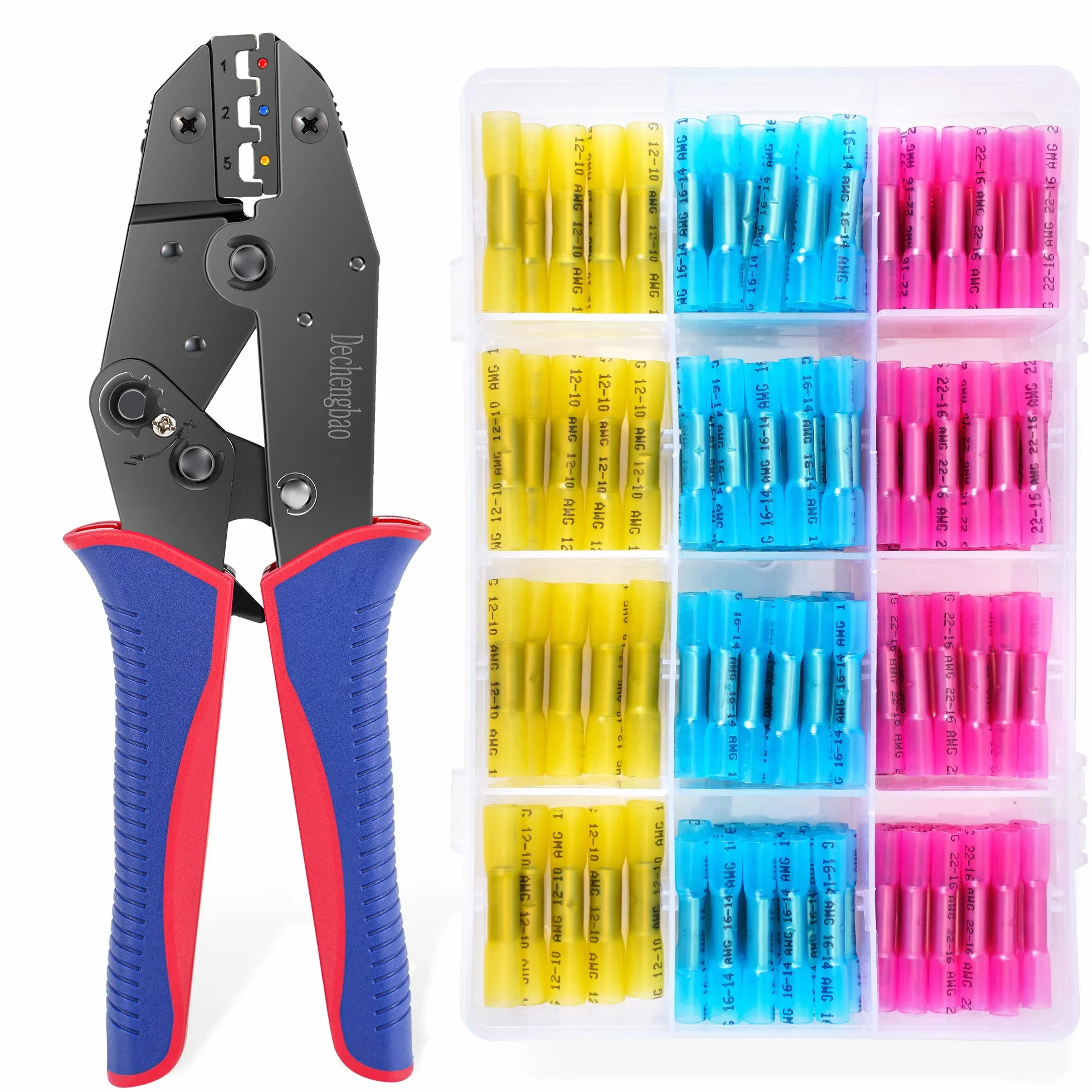 Herramienta de prensado para conectores termorretráctiles con 200 piezas Conectores a tope termorretráctiles de grado marino de cobre rojo estañado AWG 22-10