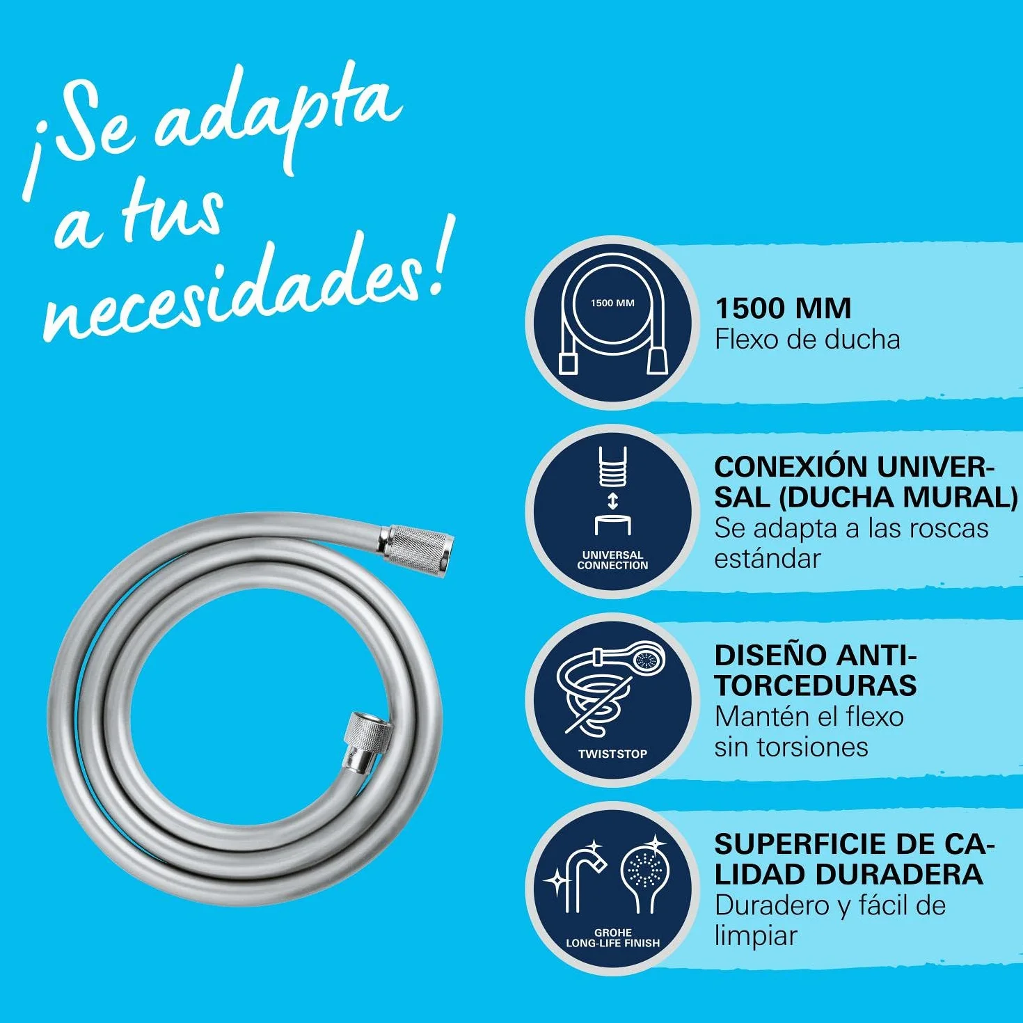 GROE Vitalioflex Trend - Manguera de ducha (1.5m, resistente al calor, sistema anti-torsión, conexión universal, instalación QuickFix), cromo, 28741002