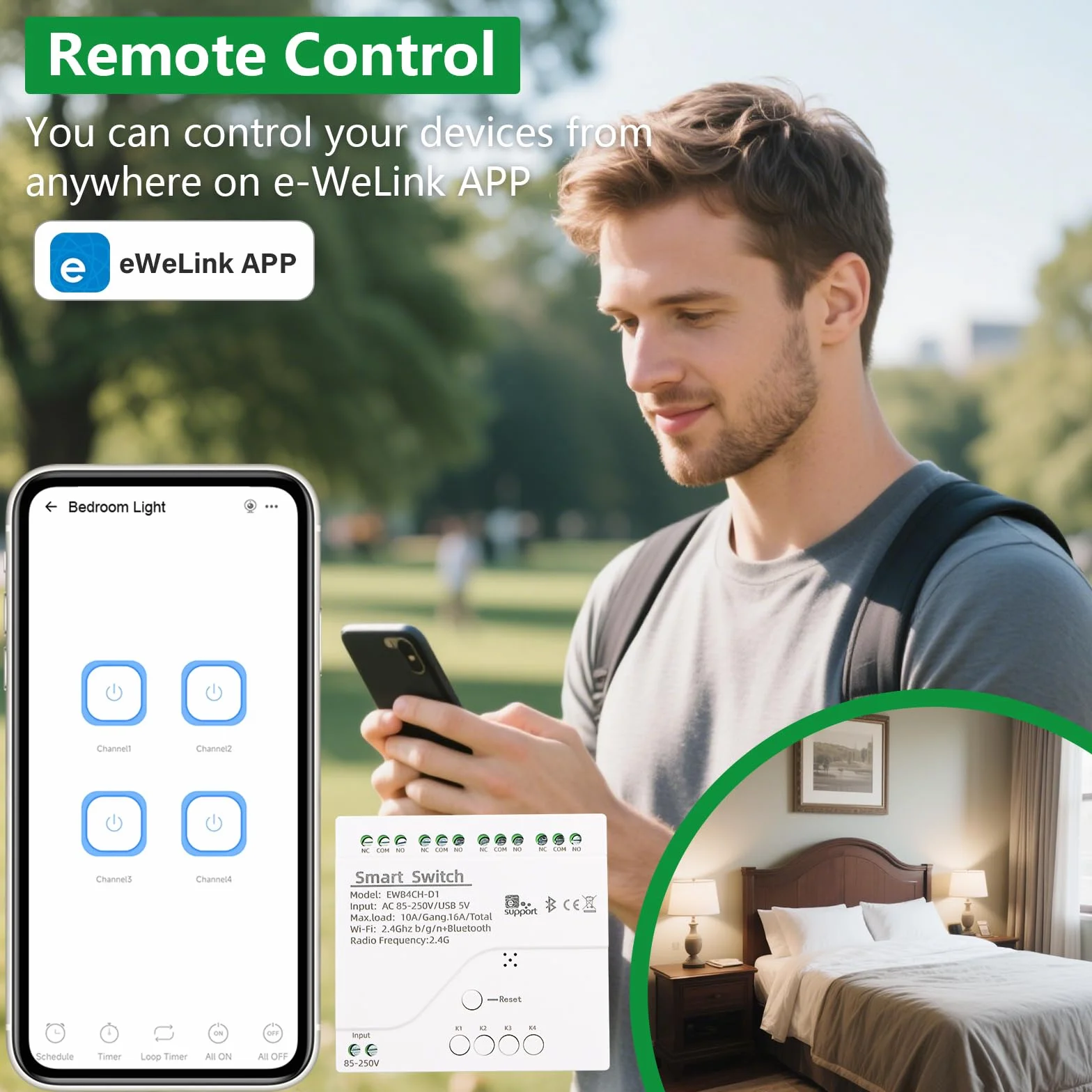 Wengart Interruptor de relé WiFi inteligente AC 85-250 V 10 A, módulo de relé de 4 canales de contacto seco, 2,4 GHz, aplicación Ewelink, funciona con Alexa Google Home, admite tres modos de control