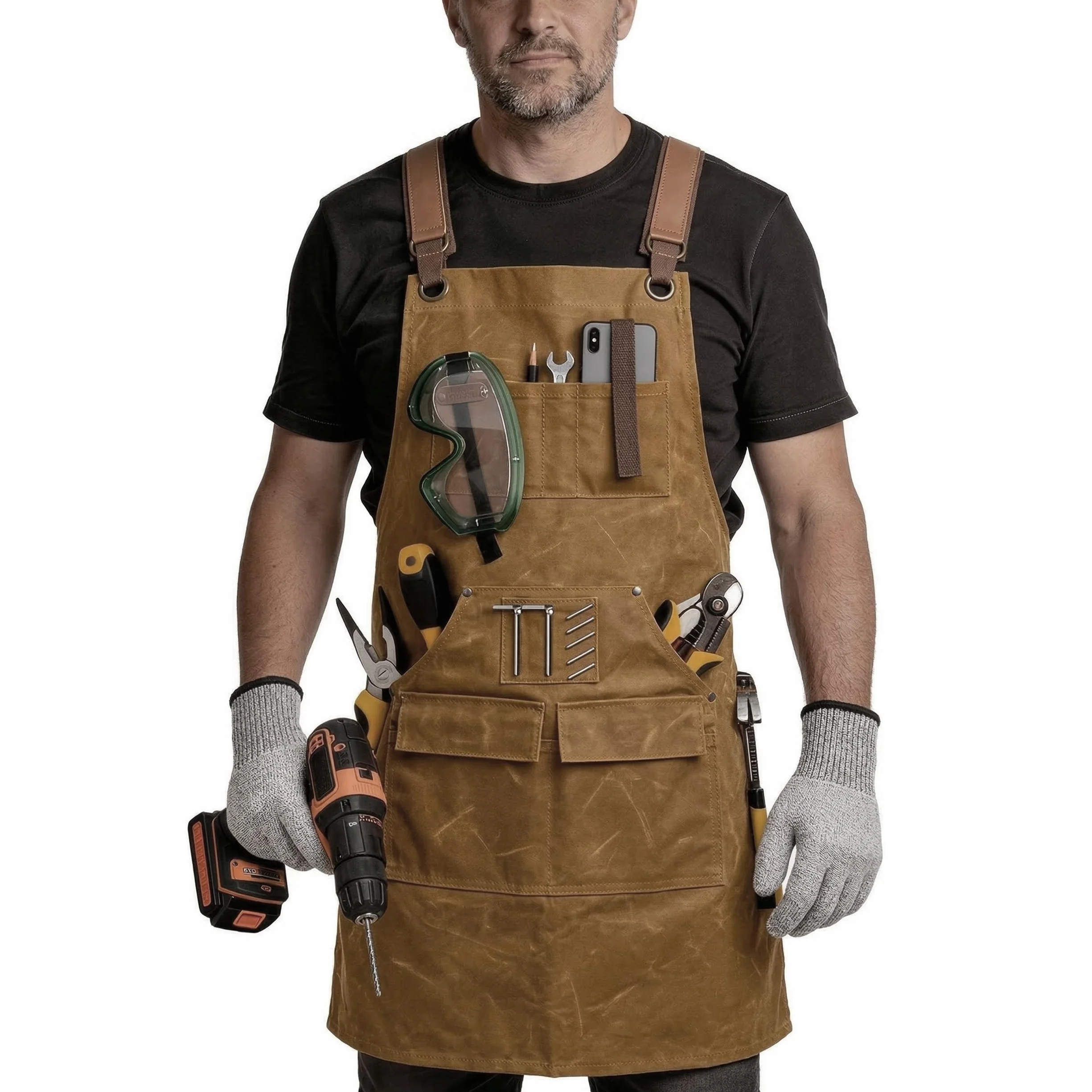 Delantal Trabajo Hombre Lona Encerada 20oz - Impermeable & Robusto - Mandil Carpintero con 9 Bolsillos, Imán & Guantes Anticorte - Ajustable Espalda Cruzada S-3XL
