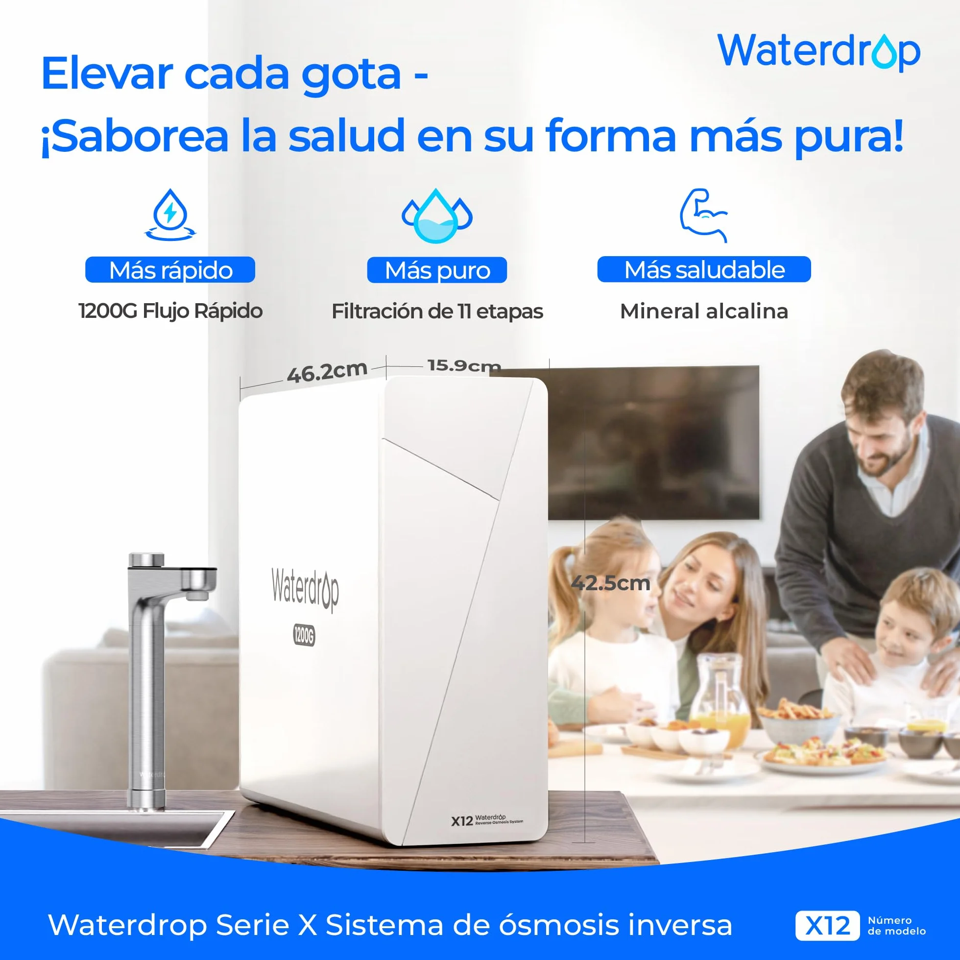 Waterdrop X12 Mineral Alcalino pH+ Ósmosis Inversa Sistema, NSF/ANSI 58&372 Certificado, 1200 GPD Flujo Rápido, Filtración 11 Etapas, 3:1 Pura a Drenaje, Libre de BPA