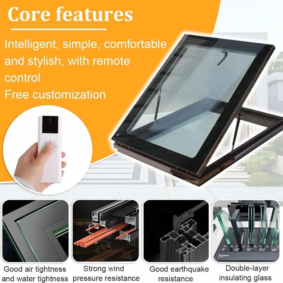 Ventana de tejado personalizable con apertura eléctrica, vidrio templado de doble capa, elevación a gas, control remoto y sensor de lluvia, para invernaderos, sótanos, áticos(Gray,LxW 60x70cm/23.6x27.