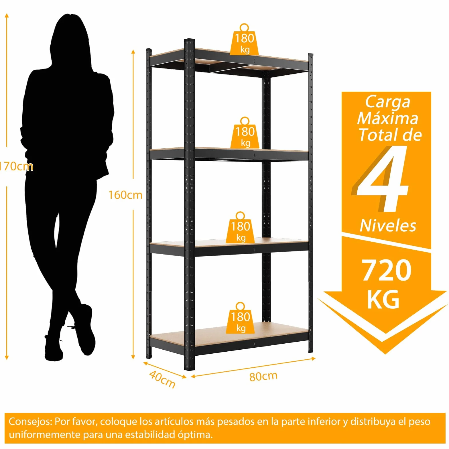 COSTWAY Estante de Almacenamiento para Garaje de Metal y MDF de 4 Niveles Estantería Pesado 80 x 40 x 160 cm Estante Servicio de Taller (Negro)