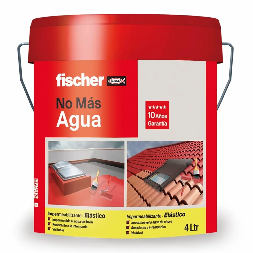fischer - Impermeabilizante Elástico Rojo para Tejas y Baldosas, Fácilmente Aplicable en Horizontal y Vertical, Resistente al Agua y a la Intemperie, Impermeabilizante Rojo Sin Fibras (4 Litros)