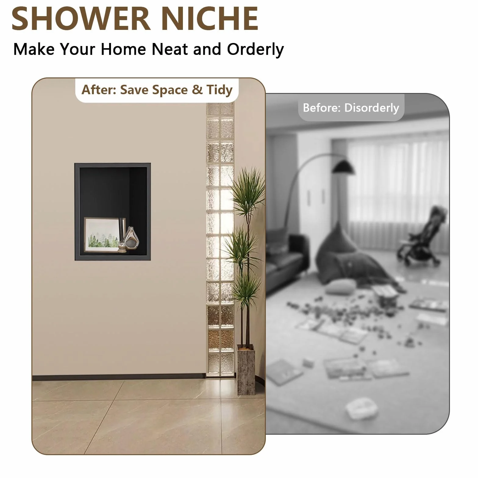 Nicho de ducha negro 320 x 320 x 125 mm, inserto de pared de acero inoxidable, bandeja impermeable, organizador de almacenamiento