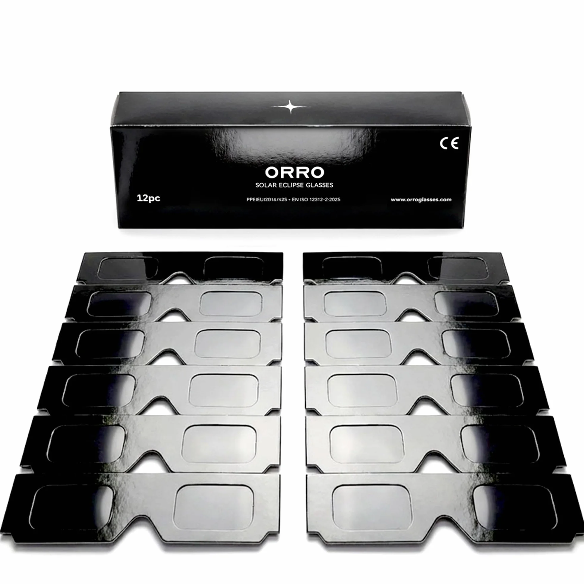 ORRO Gafas para eclipse solar Classic 37 mm Pack de 12, Negro, Protección ocular certificada, Probadas según EN ISO 12312-2:2015, Marcado CE para observación solar directa segura
