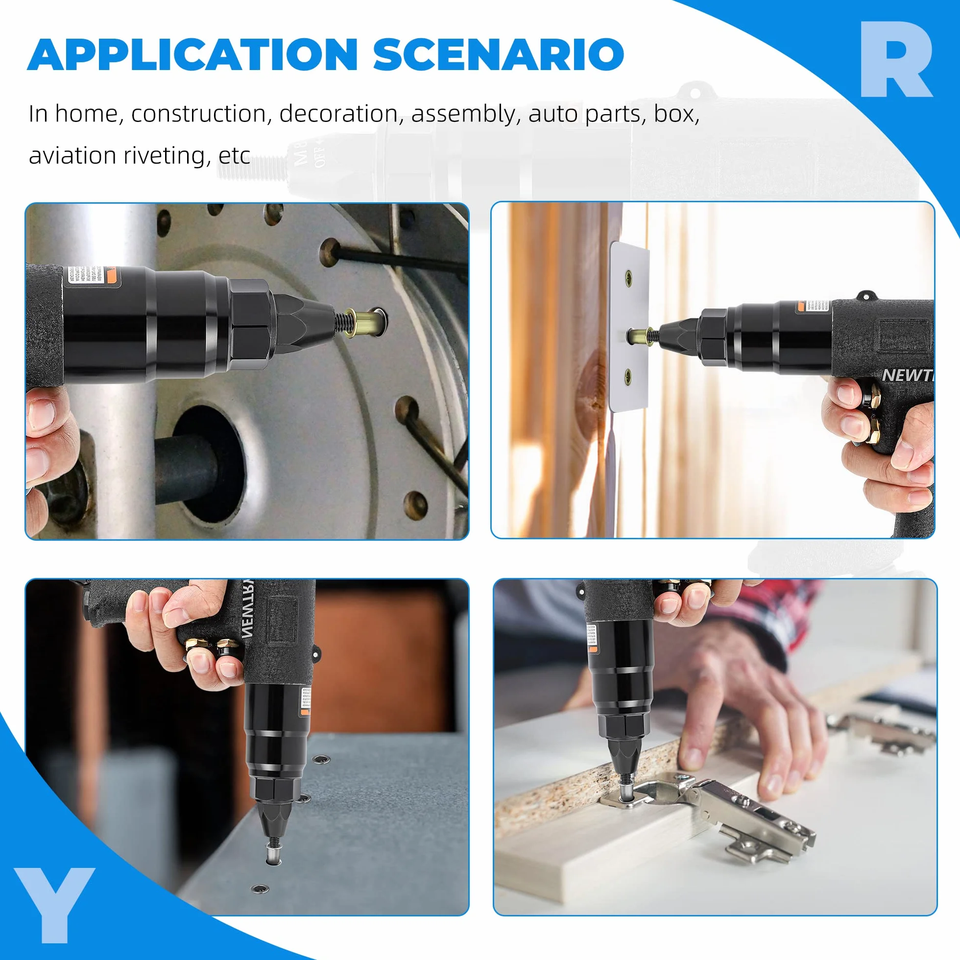 NEWTRY Kit de configuración de tuerca de remache neumático Pistola de remache de tuerca de tracción de aire Herramienta de remachado Remachadora 1/4 (Pistola 6065 con cabezal M4, M5, M6)
