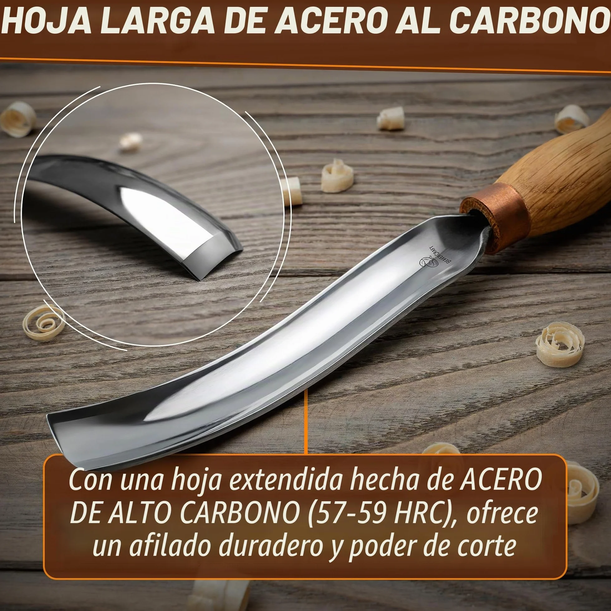BeaverCraft Gouge Tallado Madera 7L/22 – Herramientas Tallado Cucharas, Cinceles, Gouge para Cuencos, Cincel Curvado, Cuchillo Whittling para Cucharas