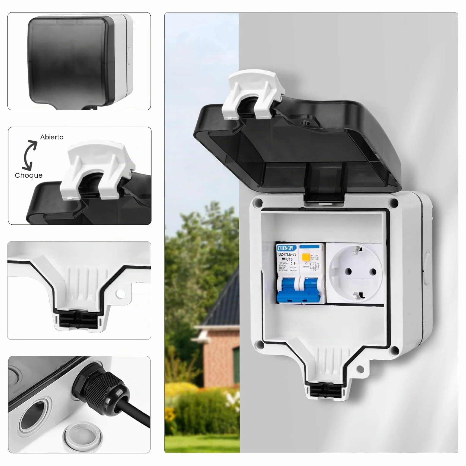 Caja Distribucion Electrica Montada En Superficie, Cuadro Electrico Premontado con Protección Contra Fugas 16A y Enchufe, Caja de Distribución Impermeable IP66|4 Módulos