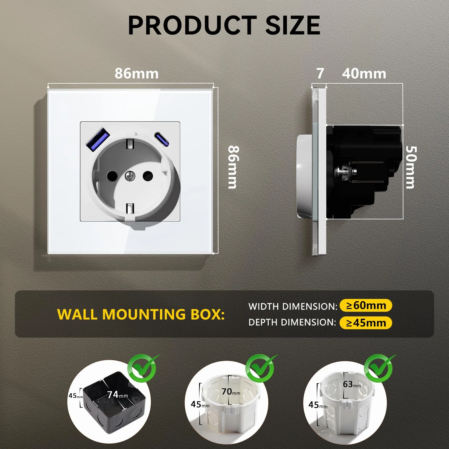 Enchufe con USB Pared,Enchufe Pared Empotrable Estándar con 20 W USB-A/C,86 * 86mm 1 Gang 16A,Toma de Corriente,Fácil Instalación,Blanco