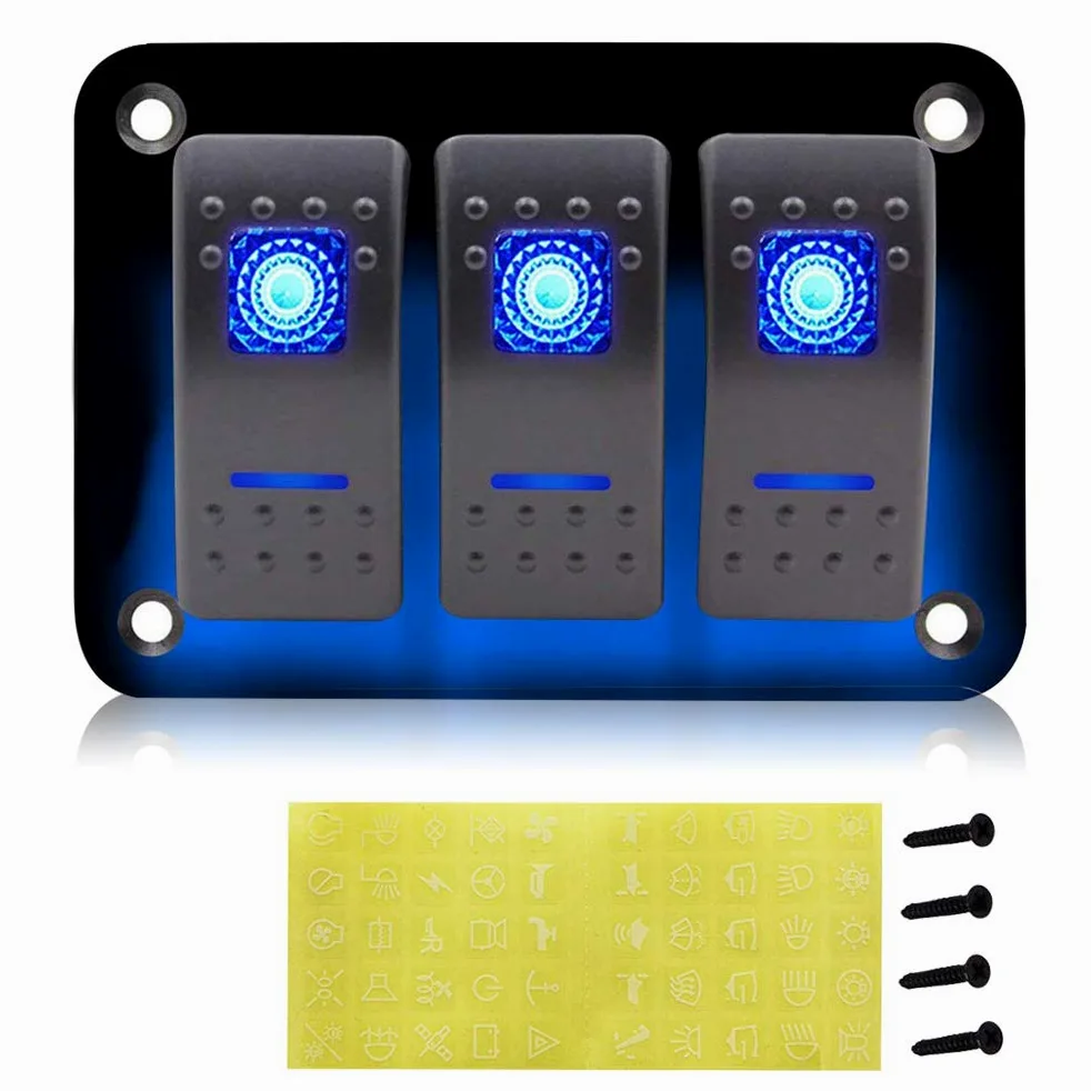 Geloo Panel de Interruptores de 3Gang Universales de Aluminio de 12V Interruptor Basculante Precableado 5 pines Encendido/Apagado Azul LED Retroiluminados