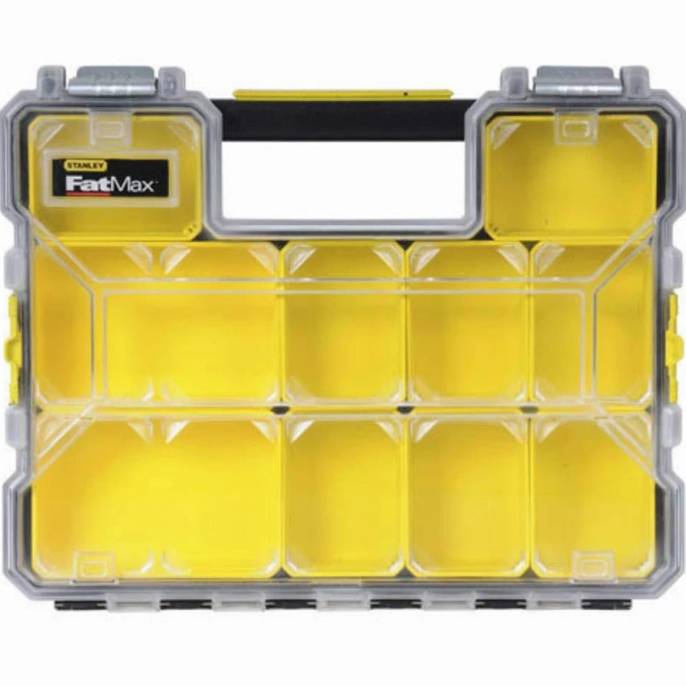 Stanley Organizador Impermeable FatMax con Tapa Prácticamente Irrompible, Diseño Antidesplazamiento y Cierres Metálicos Antioxidantes, Negro/Transparente/Amarillo, Modelo 1-97-517