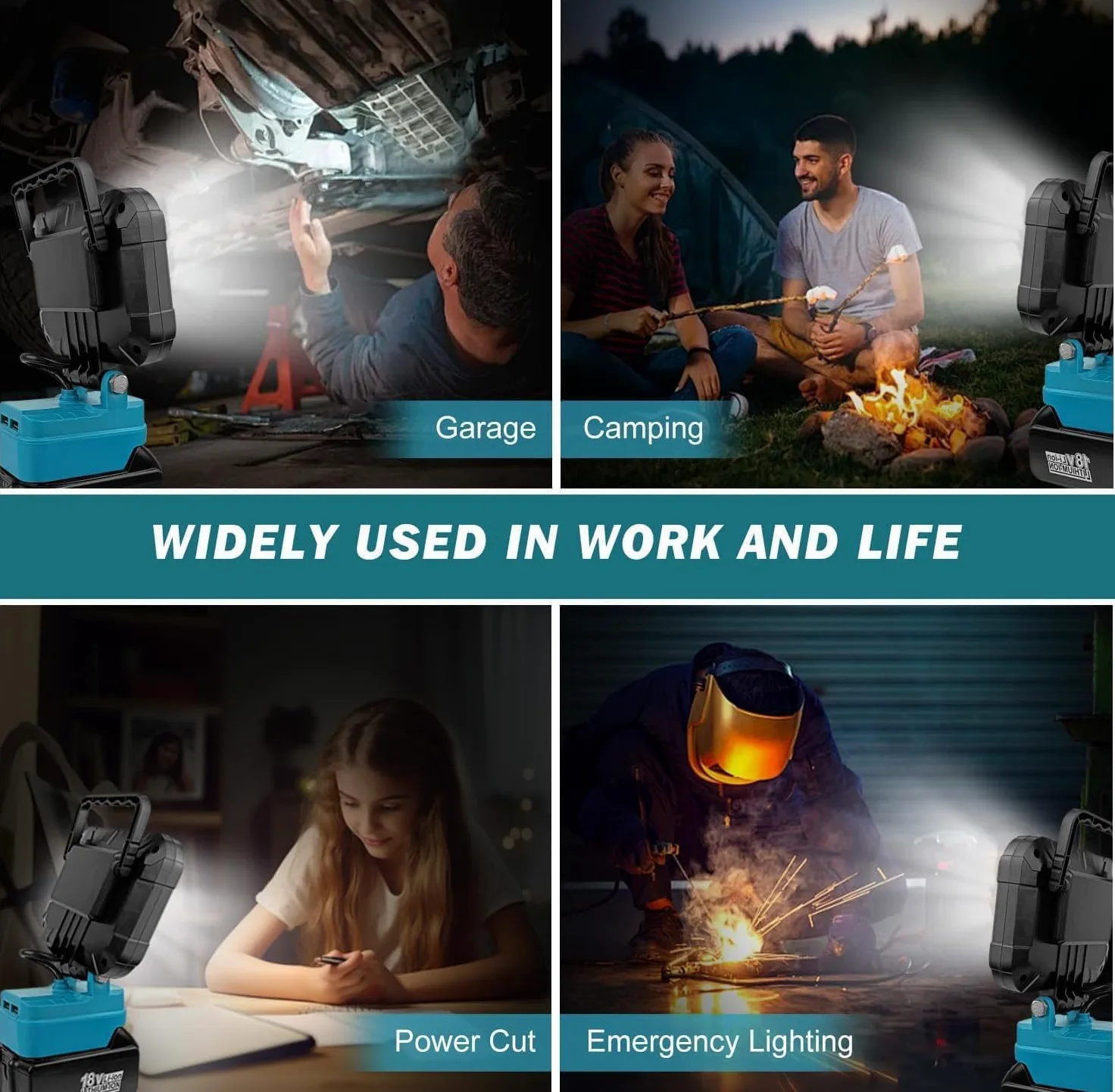 Yaasier Lámpara LED con batería para Makita 18V, Luz de trabajo LED inalámbrica 4800LM Con 2 puerto de carga USB, lampara recargable portatil para jardines, patios traseros, garajes