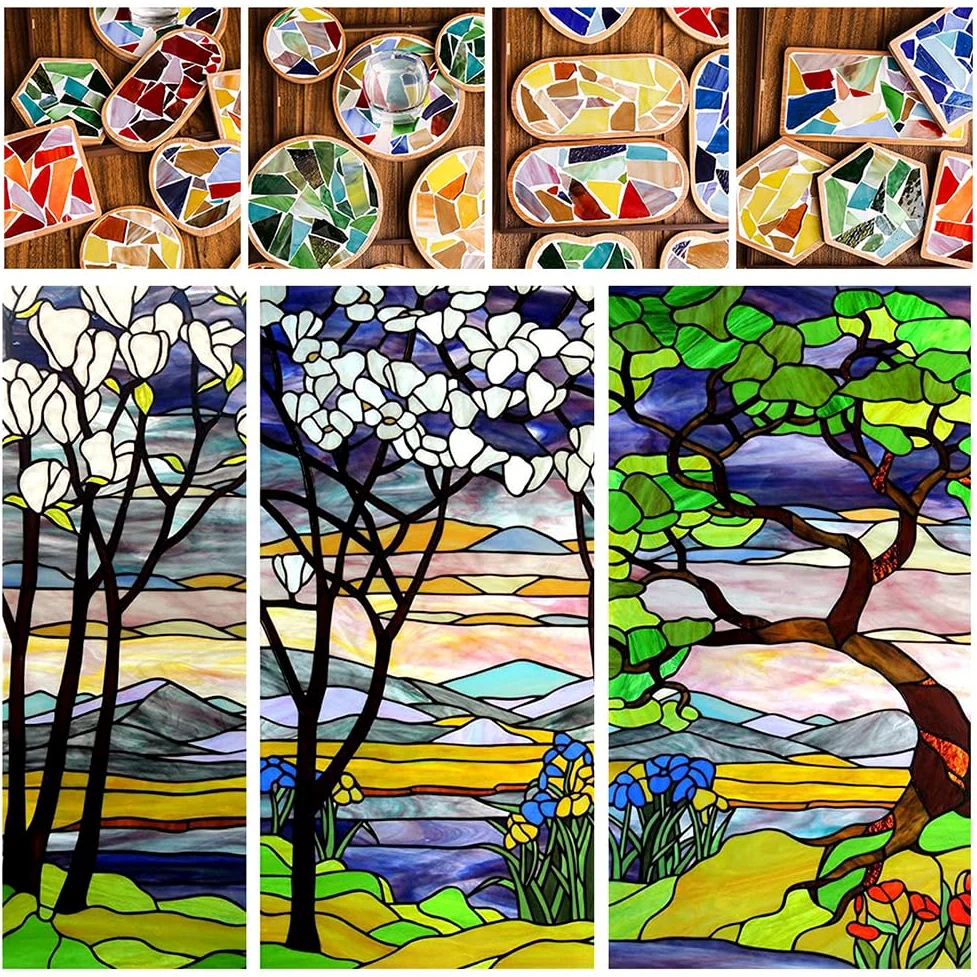 PandaHall 10 Hojas Vidrio de 10 Colores 10x10cm Grandes mosaicos de Vidrio de Catedral Azulejos de Mosaico de Variedad Verde y Azul para proyectos de Pasatiempos de Vidrio y mosaicos