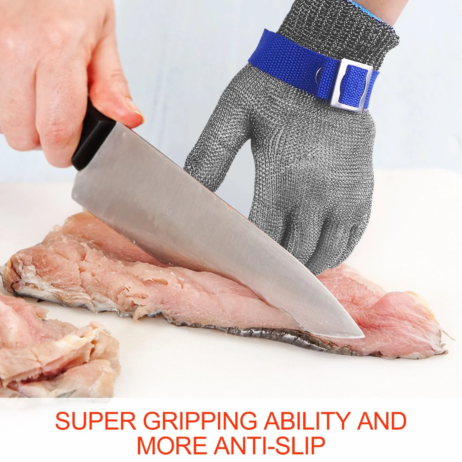 Brevanza Guante Anticorte Nivel 9 Malla Acero Inoxidable para Carnicero Chainmail Cocina Cadena Metal Pelar Ostricos Corte Carne Madera (L)