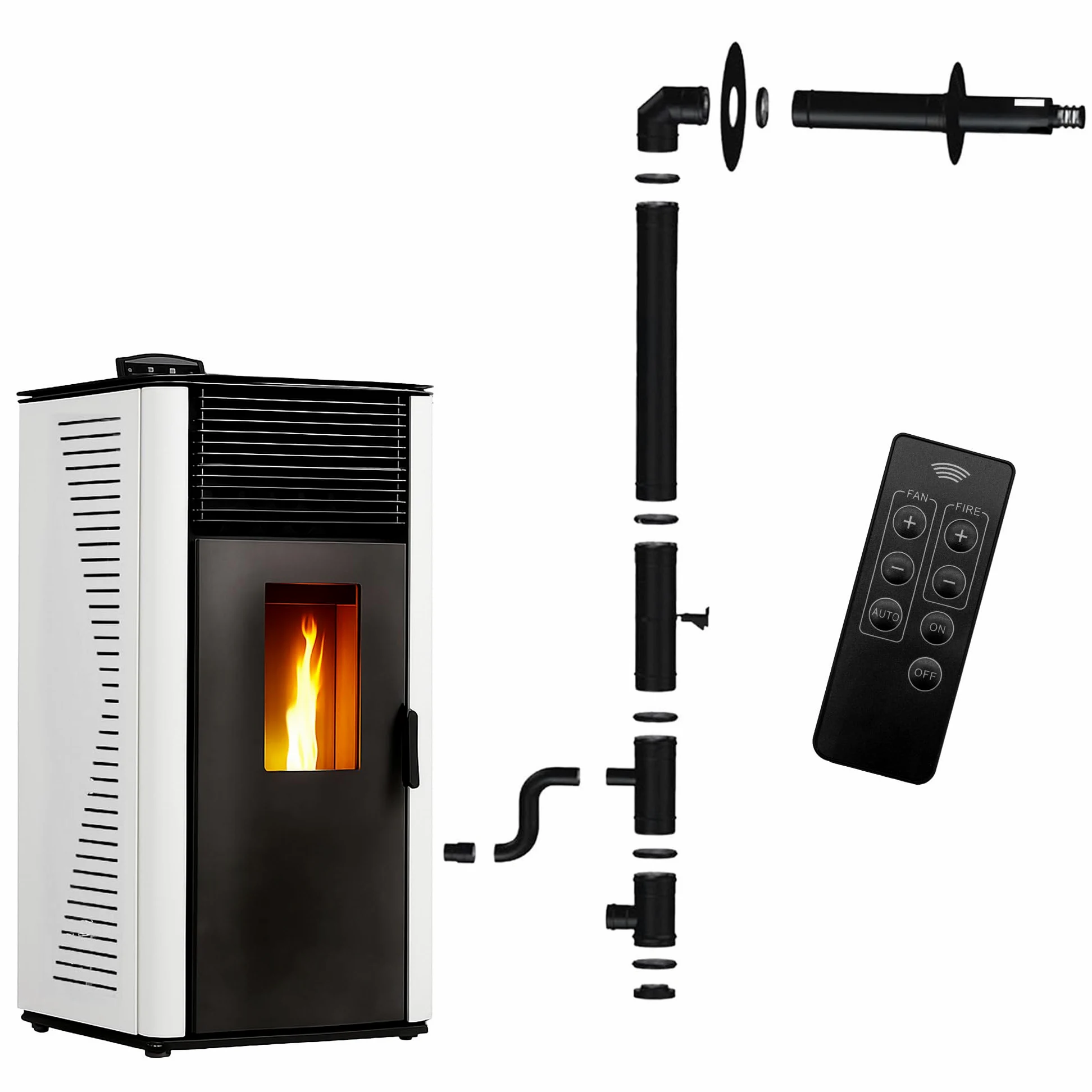 Estufa de pellets impermeable Anita 15 kW blanco Sannover + kit de instalación completo