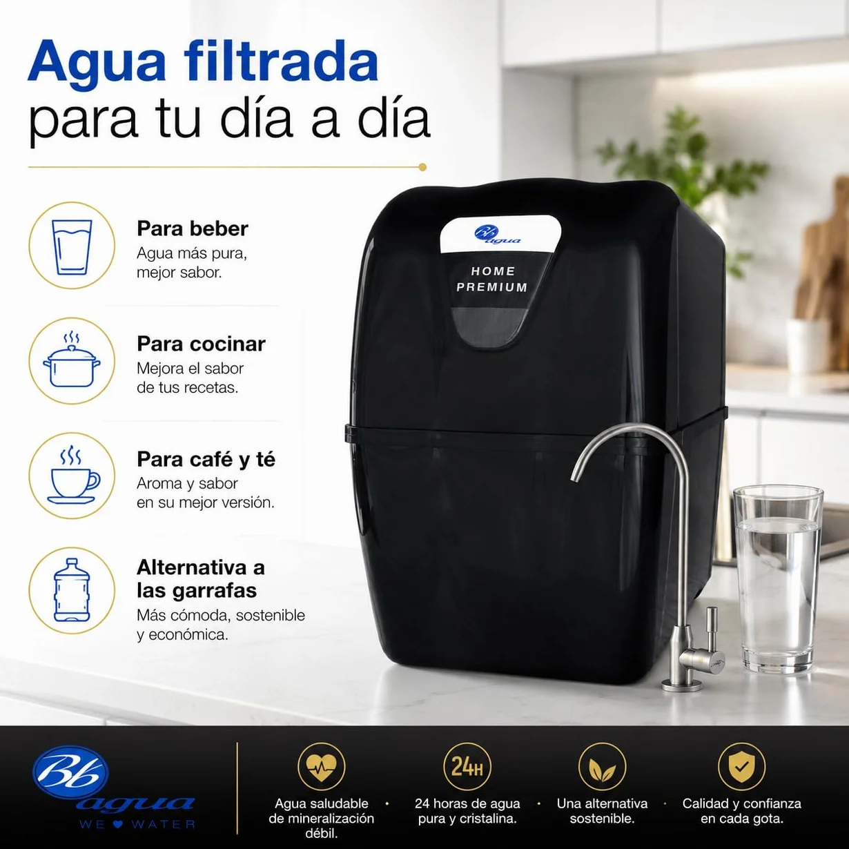 Bbagua Home Premium. Equipo de Osmosis Inversa Compacta de 5 Etapas, doméstico con Bomba de presión. Fácil Instalación bajo encimera y cambio de Filtros