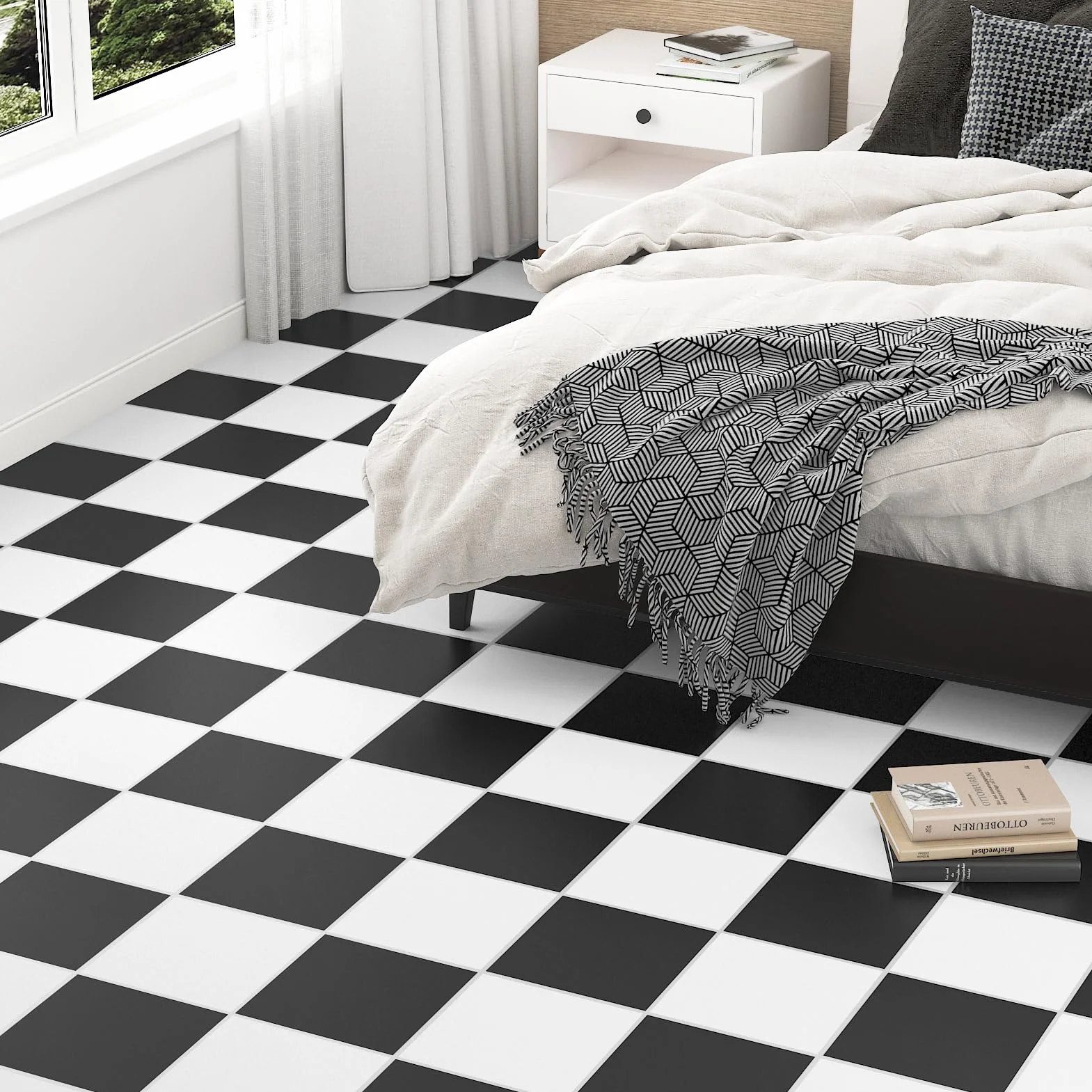 Baldosas Adhesivas Suelo Blanco y Negro Parquet Adhesivo Suelo Vinilo Autoadhesivo Impermeable Para Cocina Baño Losetas Autoadhesivas Blanco y Negro 12 Piezas 30 x 30cm
