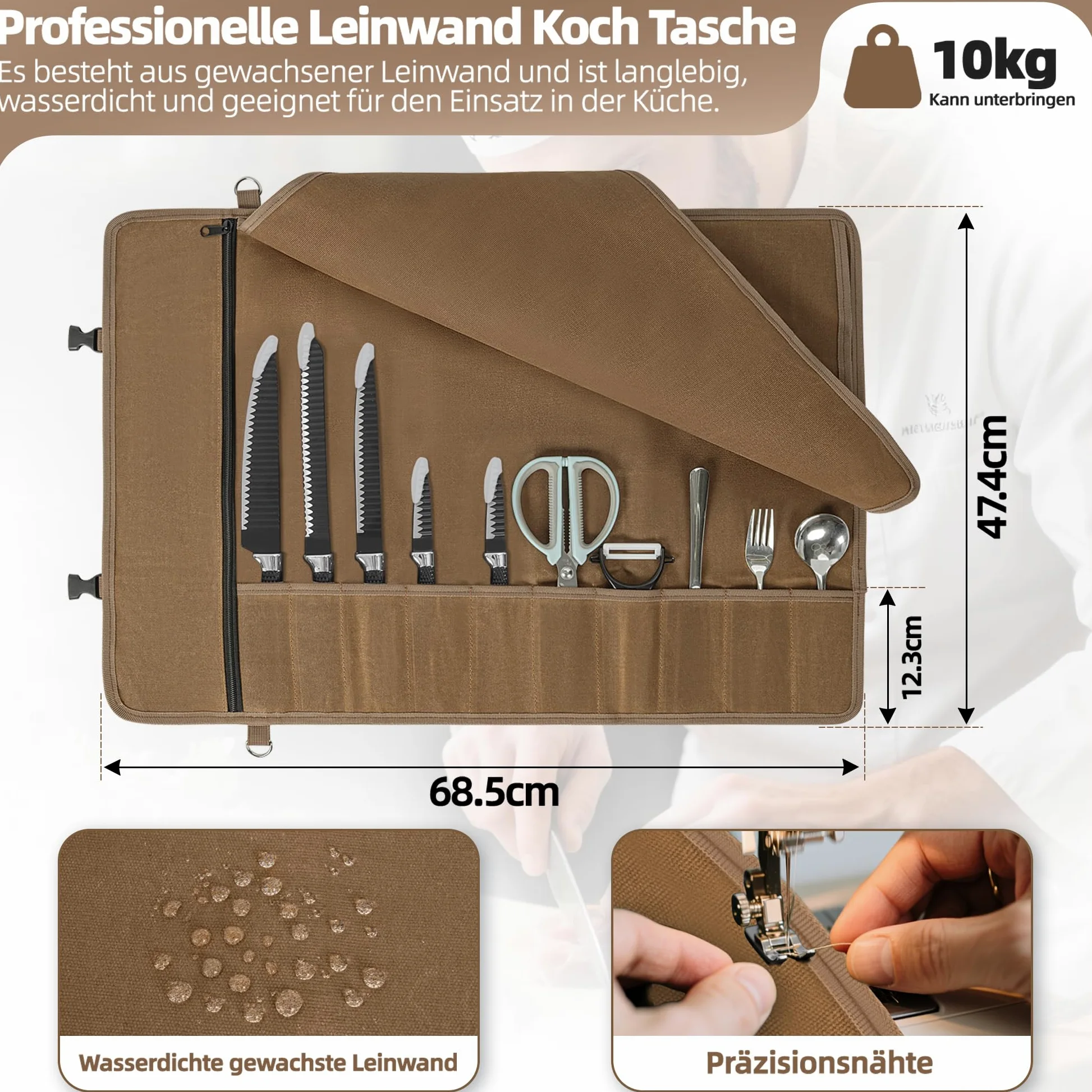 AKOZLIN Bolso de Cuchillo para Cocineros,marrón,10 hendiduras | tela de vela crecida,1 grande bolsillo de cierre, cinturón ajustable,30 gorros de protección de cuchillo,portátil