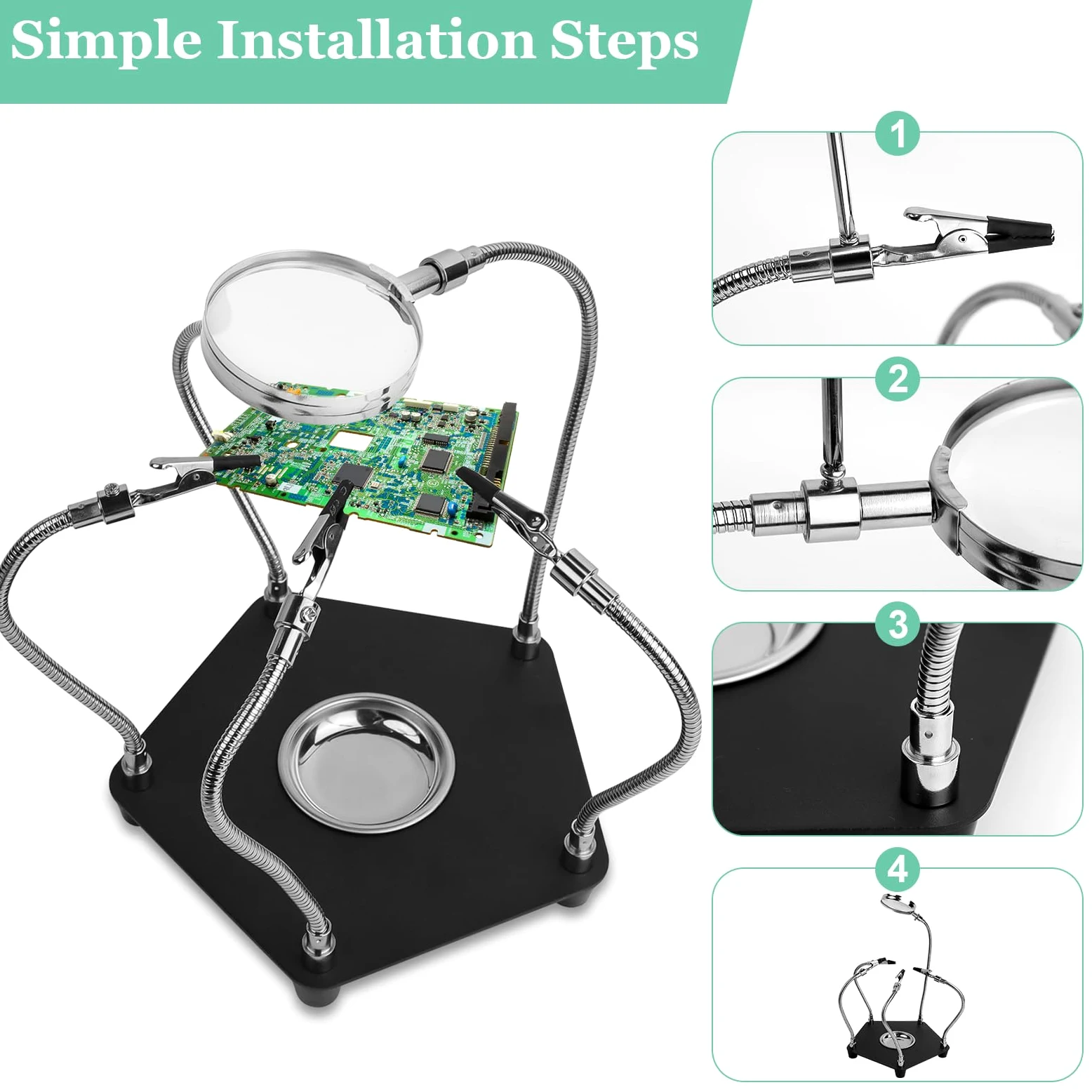 Tercera Mano de Soldadura, Soporte para Soldar con 3X Lupa y Brazos Flexibles, Herramienta de Soporte de Placa de Circuito Impreso, Estación de Soldadura para Soldar, Ensamblar, Reparar